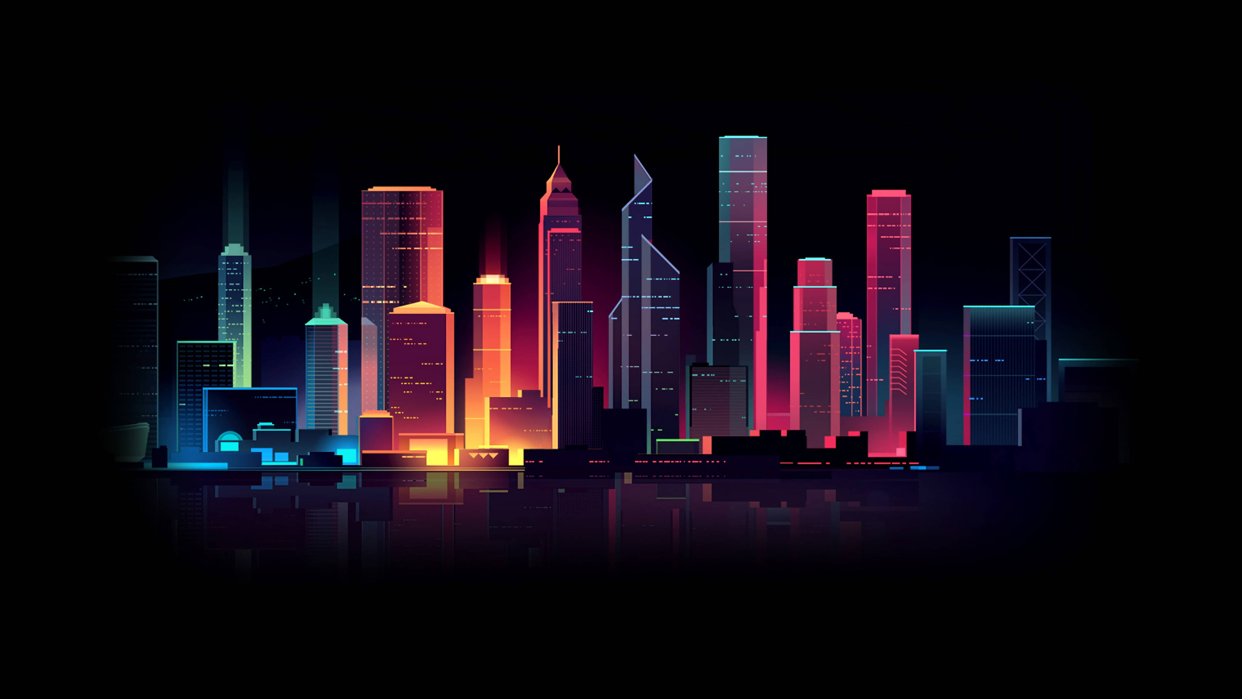 vector 桌布 壁紙 — 充滿活力的霓虹燈摩天大樓在漆黑的夜空中閃耀，色彩繽紛的倒影在下方水面上閃爍。
