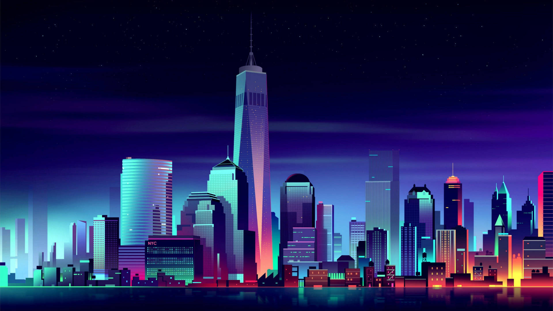 Futuristic Desktop 桌布 壁紙 — 充滿活力的霓虹燈摩天大樓在繁星點點的夜空下閃耀，呈現未來主義的城市景觀。