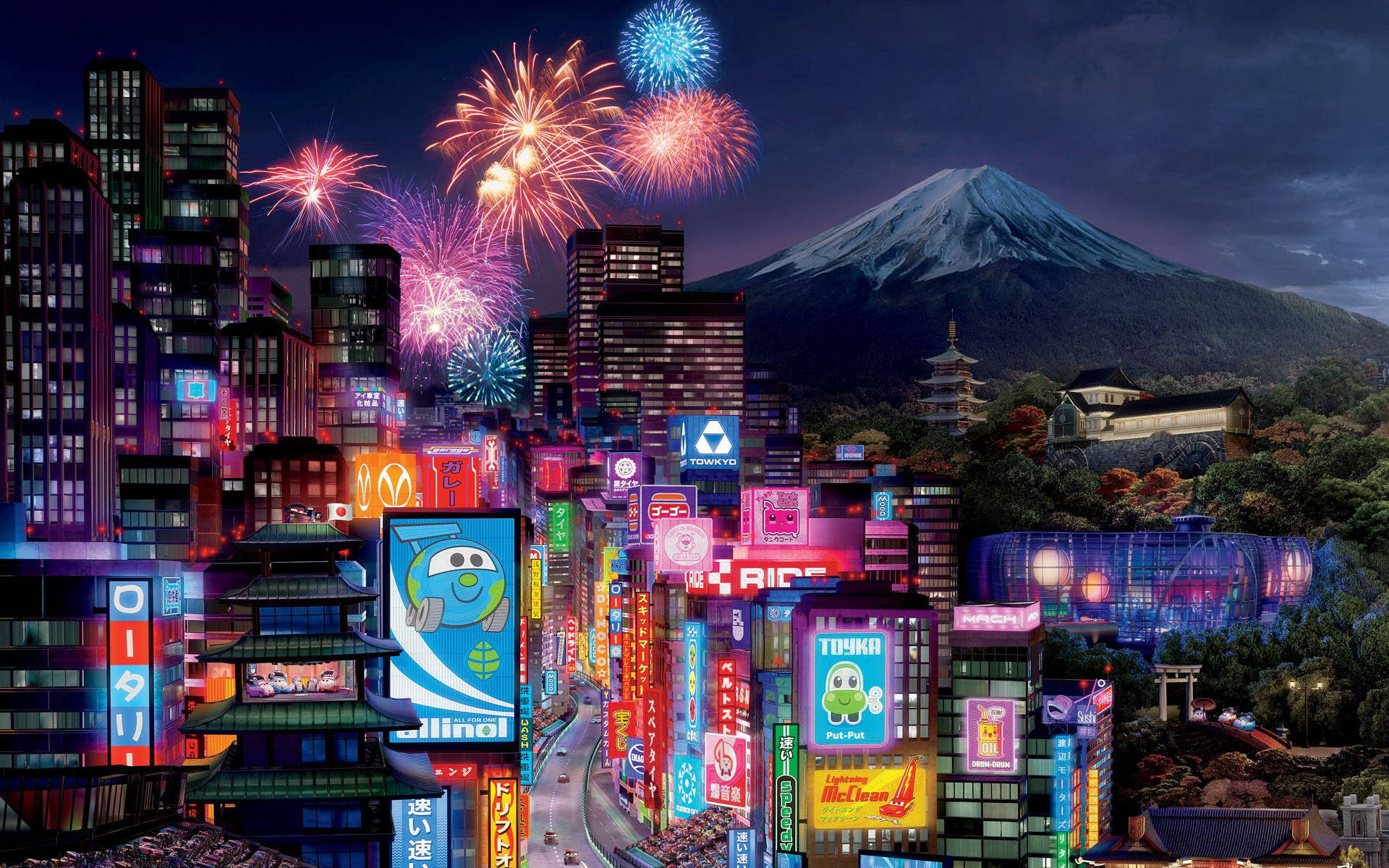 cars 桌布 壁紙 — 充滿活力的霓虹燈東京天際線夜景，背景是富士山，煙火在摩天大樓上空綻放。
