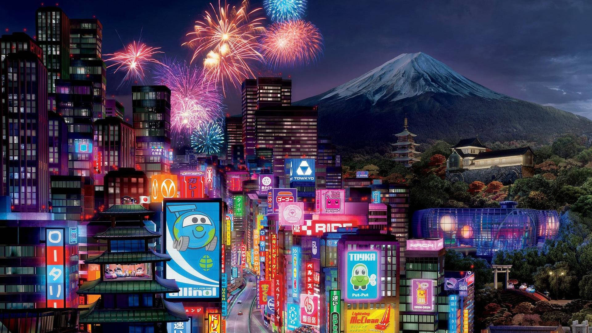 東京 桌布 壁紙 — 充滿活力的霓虹燈東京天際線夜景，背景是富士山，上方有五彩繽紛的煙火綻放。