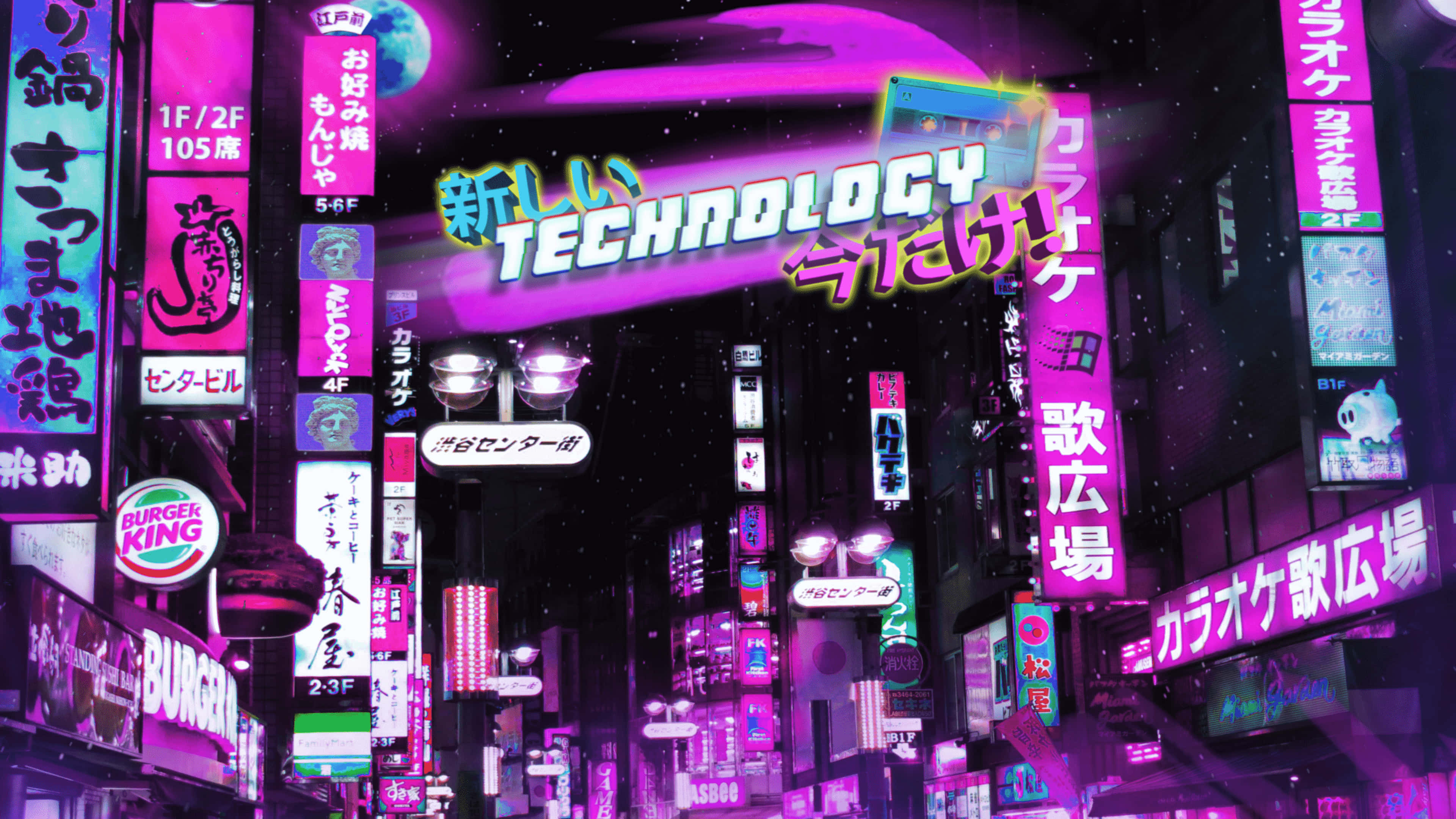東京 桌布 壁紙 — 充滿活力的霓虹燈照亮了夜晚繁忙的東京街道，粉紅色、紫色和藍色的光芒在潮濕的人行道上反射。