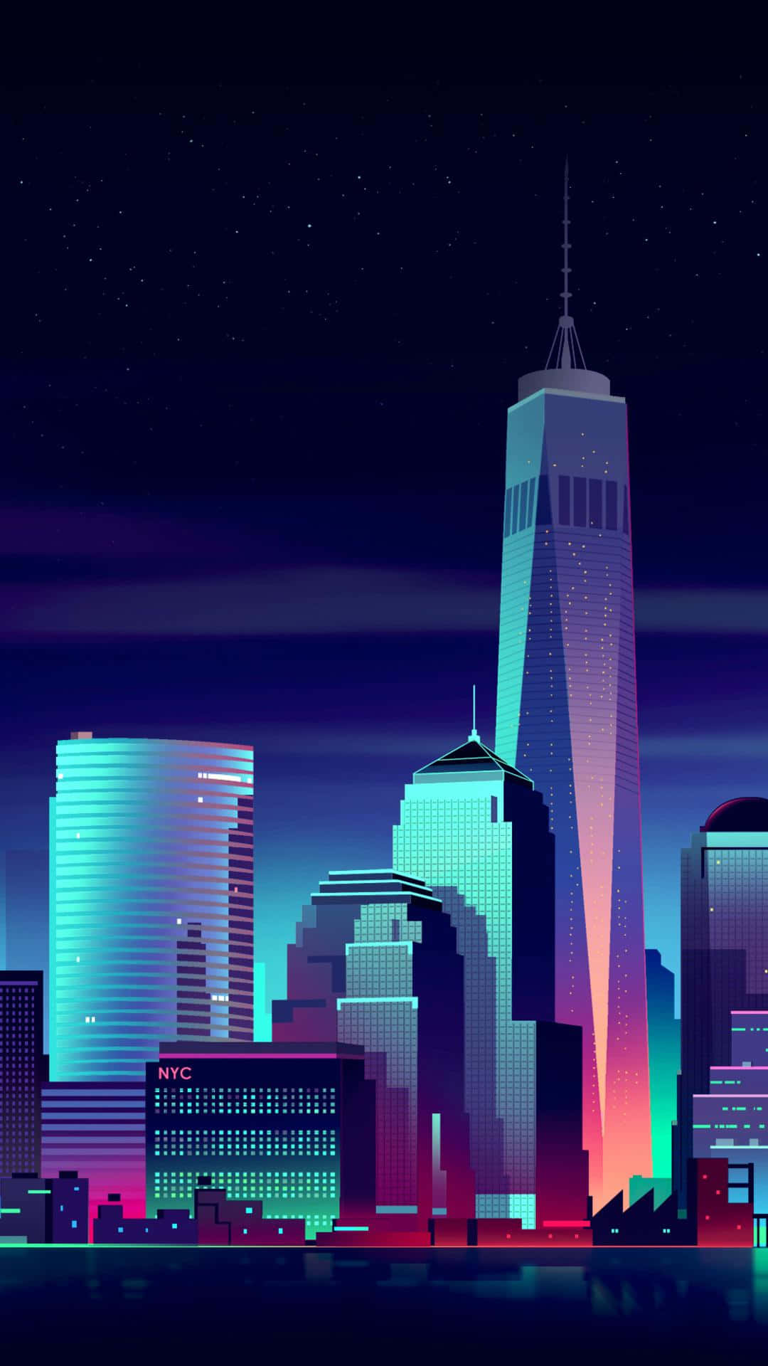 City Pixel Art 桌布 壁紙 — 充滿活力的霓虹燈照亮紐約市夜晚天際線，高聳的摩天大樓在星光燦爛的紫色天空下閃耀。