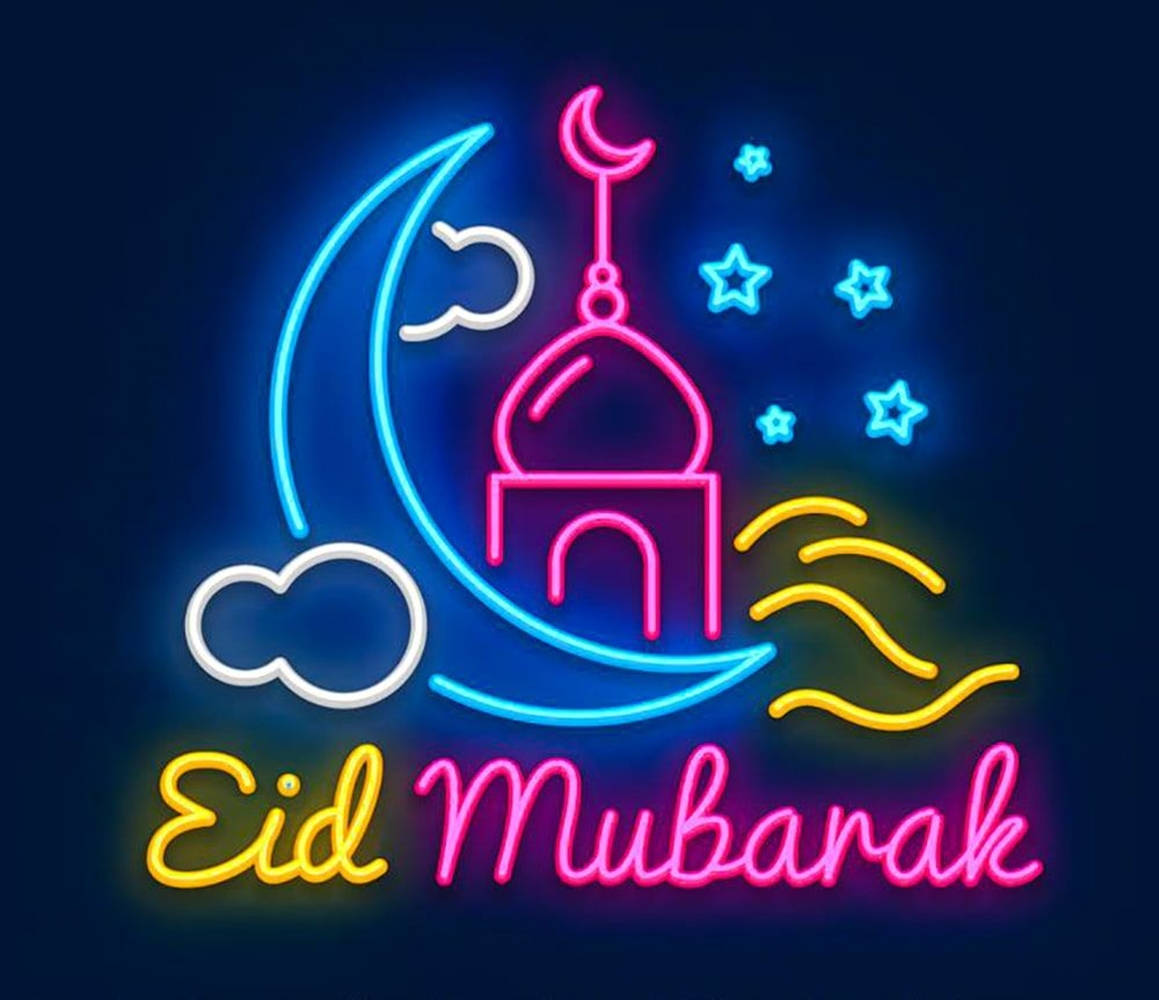 muslim 桌布 壁紙 — 充滿活力的霓虹燈牌，以粉紅、藍色和黃色色調發光，描繪清真寺、新月、星星和波浪，背景為黑暗夜空，並帶有「Eid Mubarak」文字。