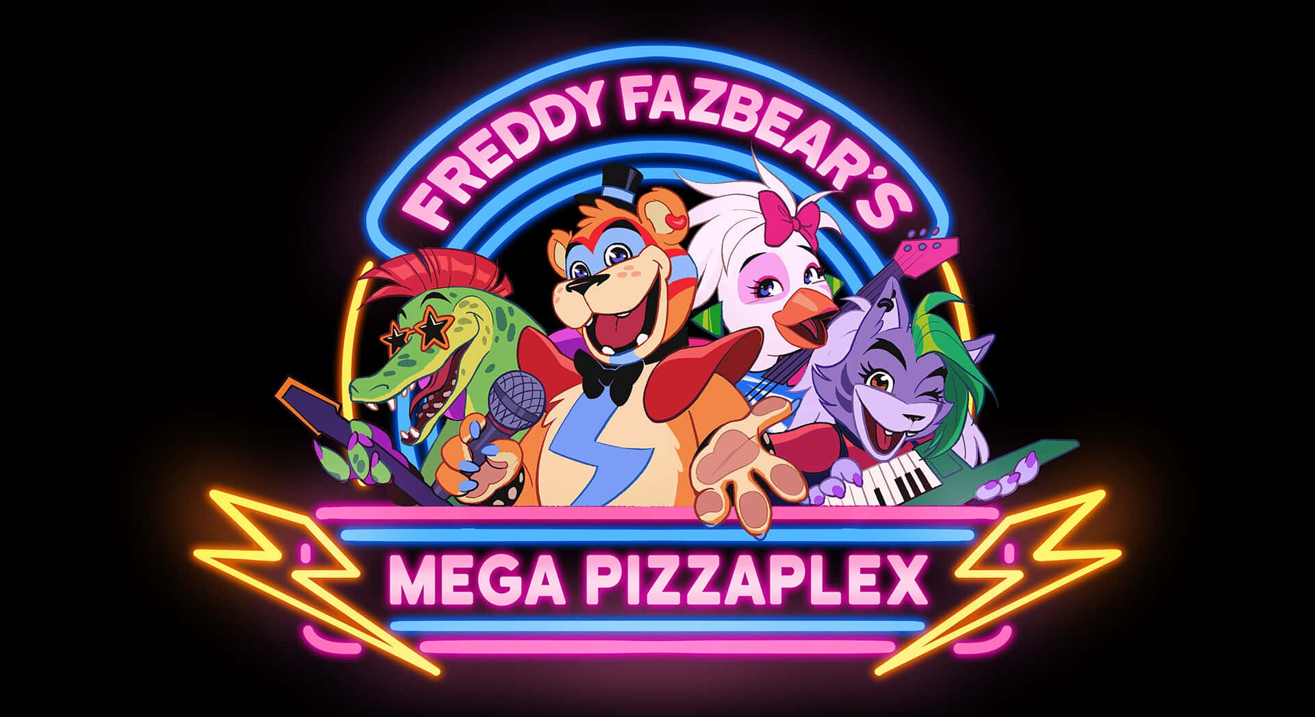 game 桌布 壁紙 — 充滿活力的霓虹燈牌，描繪 Freddy Fazbear 和機械動物樂團成員在發光的粉紅、藍色和黃色燈光下表演。