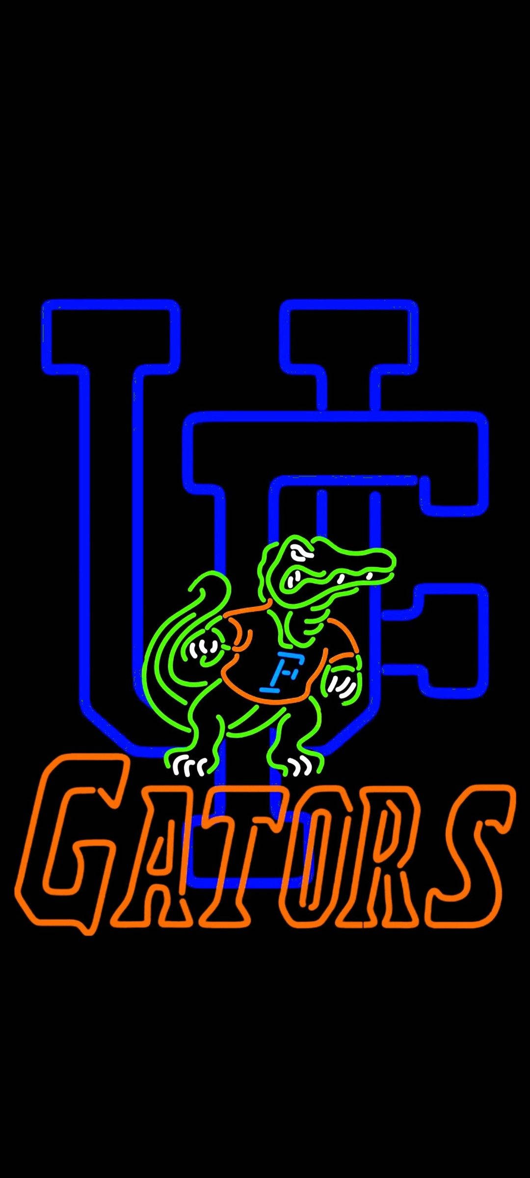florida 桌布 壁紙 — 充滿活力的霓虹燈牌，綠色鱷魚吉祥物穿著橙色球衣，站在藍色「UF」字母和橙色「GATORS」文字前，背景為黑色。