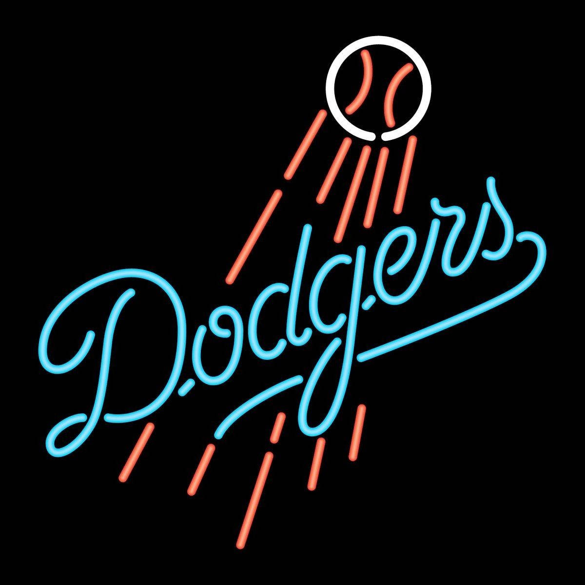霓虹燈牌，帶有Dodgers文字和棒球設計，以藍色和橙色發光。 — 道奇隊標誌 壁紙