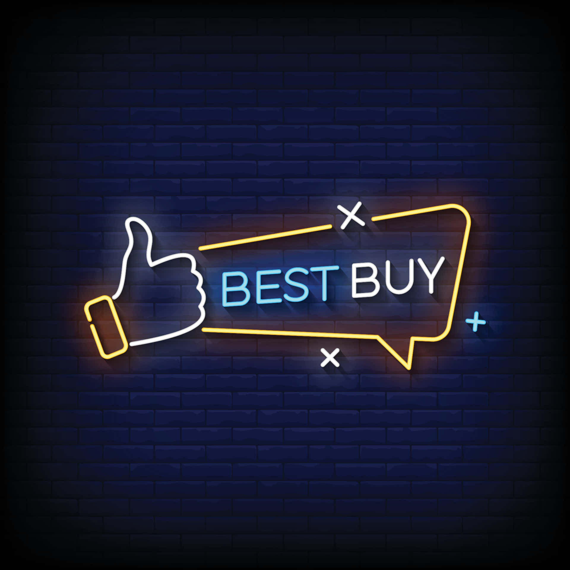 Best Buy 桌布 壁紙 — 充滿活力的霓虹燈牌，豎起大拇指，'BEST BUY' 文字在深色磚牆上發光。