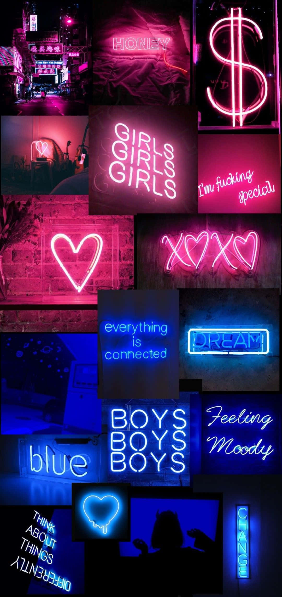 Blue Neon Lights 桌布 壁紙 — 充滿活力的霓虹燈牌以粉紅和藍色調發光，顯示 honey girls 和 dream 等短語，映襯在都市磚牆上。