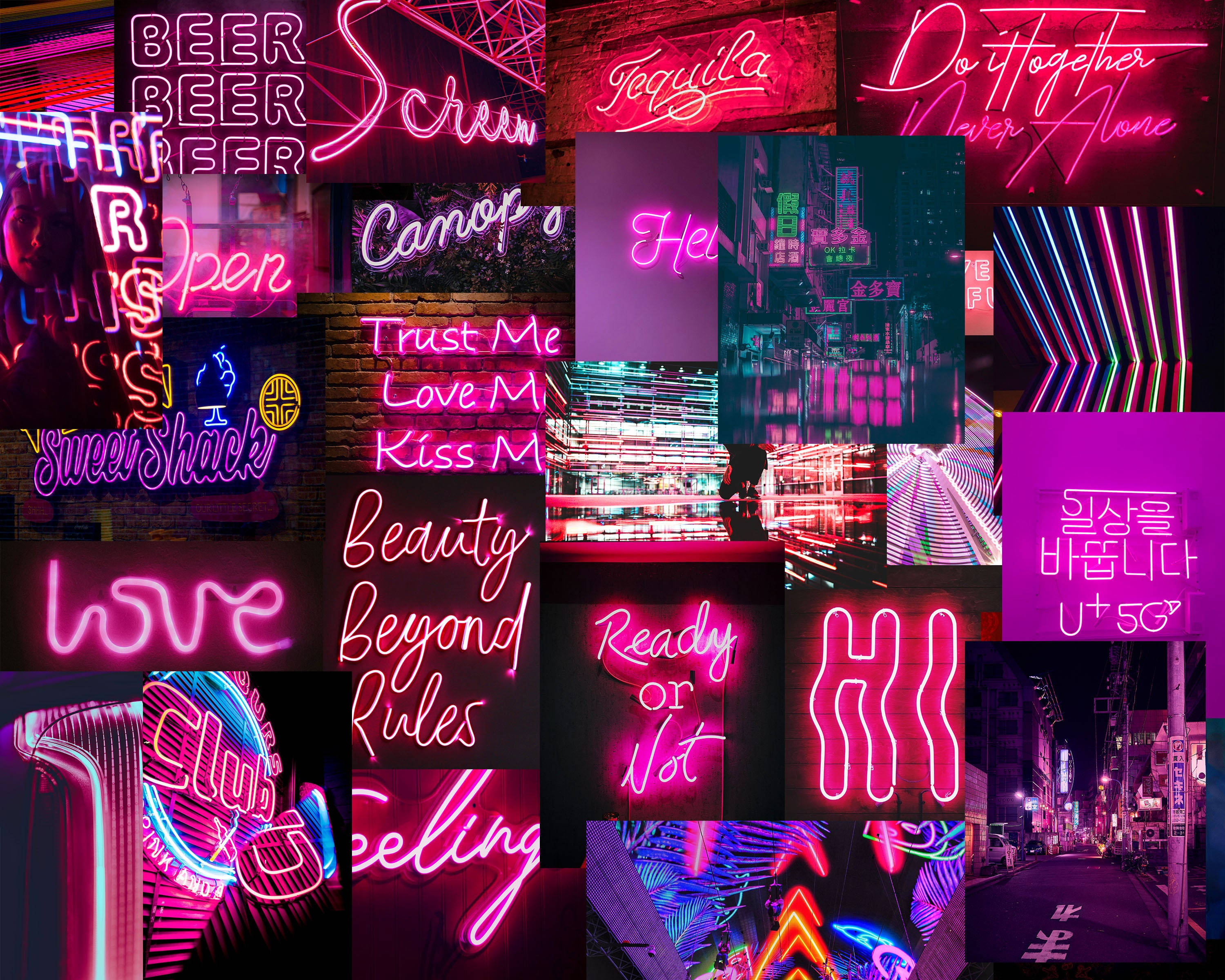 Neon Pink 桌布 壁紙 — 充滿活力的霓虹燈牌以電光粉紅、紫色和藍色色調照亮繁華的城市夜景。