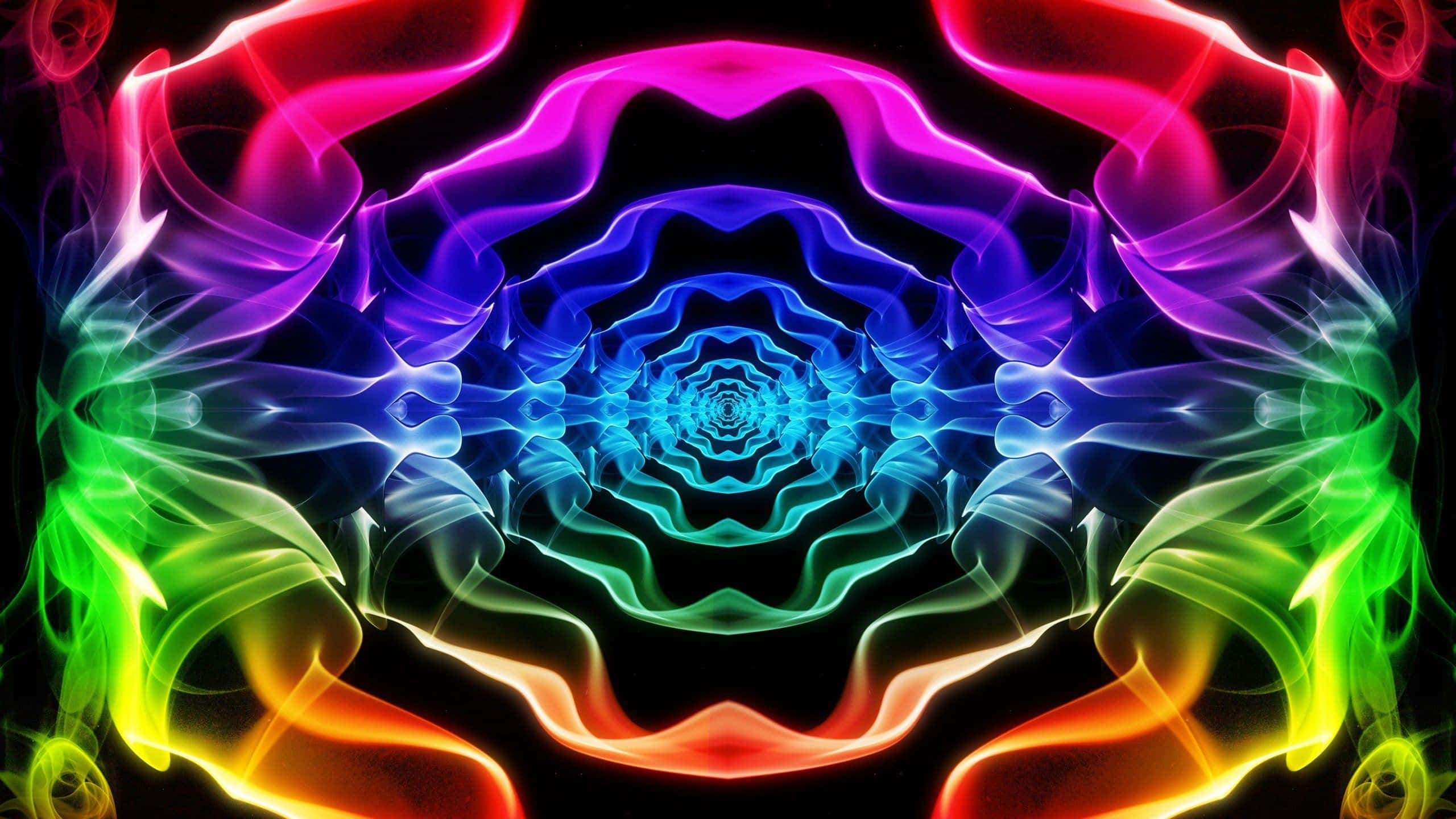 Trippy Neon Lights 桌布 壁紙 — 充滿活力的霓虹燈碎形圖案在黑色背景上形成迷人的彩虹漩渦。