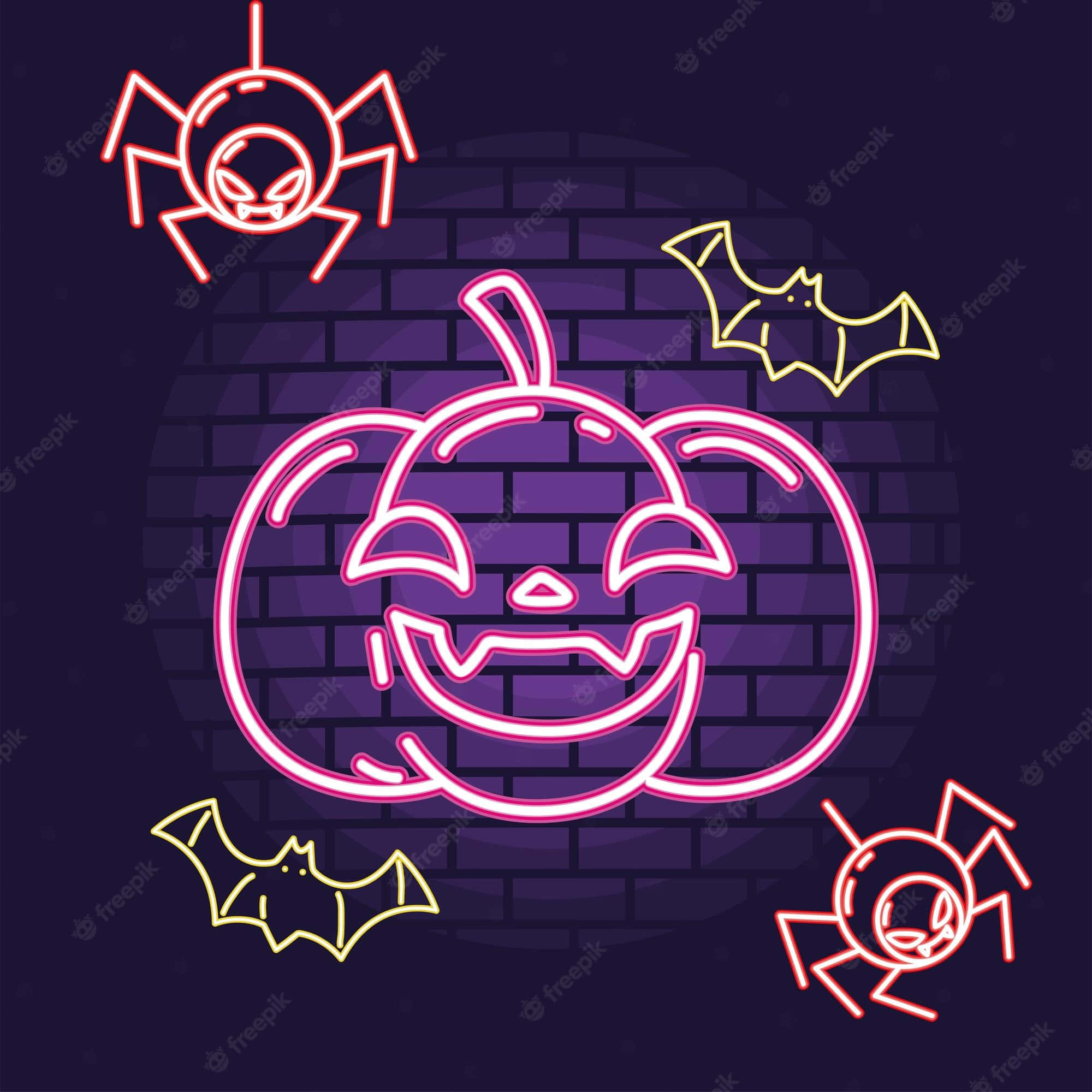 Neon Halloween 桌布 壁紙 — 充滿活力的霓虹燈萬聖節符號，包括傑克南瓜燈蜘蛛和蝙蝠，在深色磚牆背景上發光。