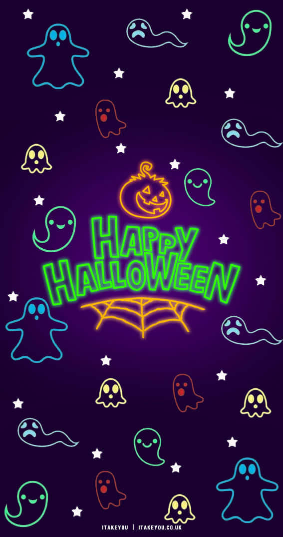 Neon Halloween 桌布 壁紙 — 充滿活力的霓虹燈萬聖節鬼魂和南瓜燈在深紫色星空夜晚中發光。