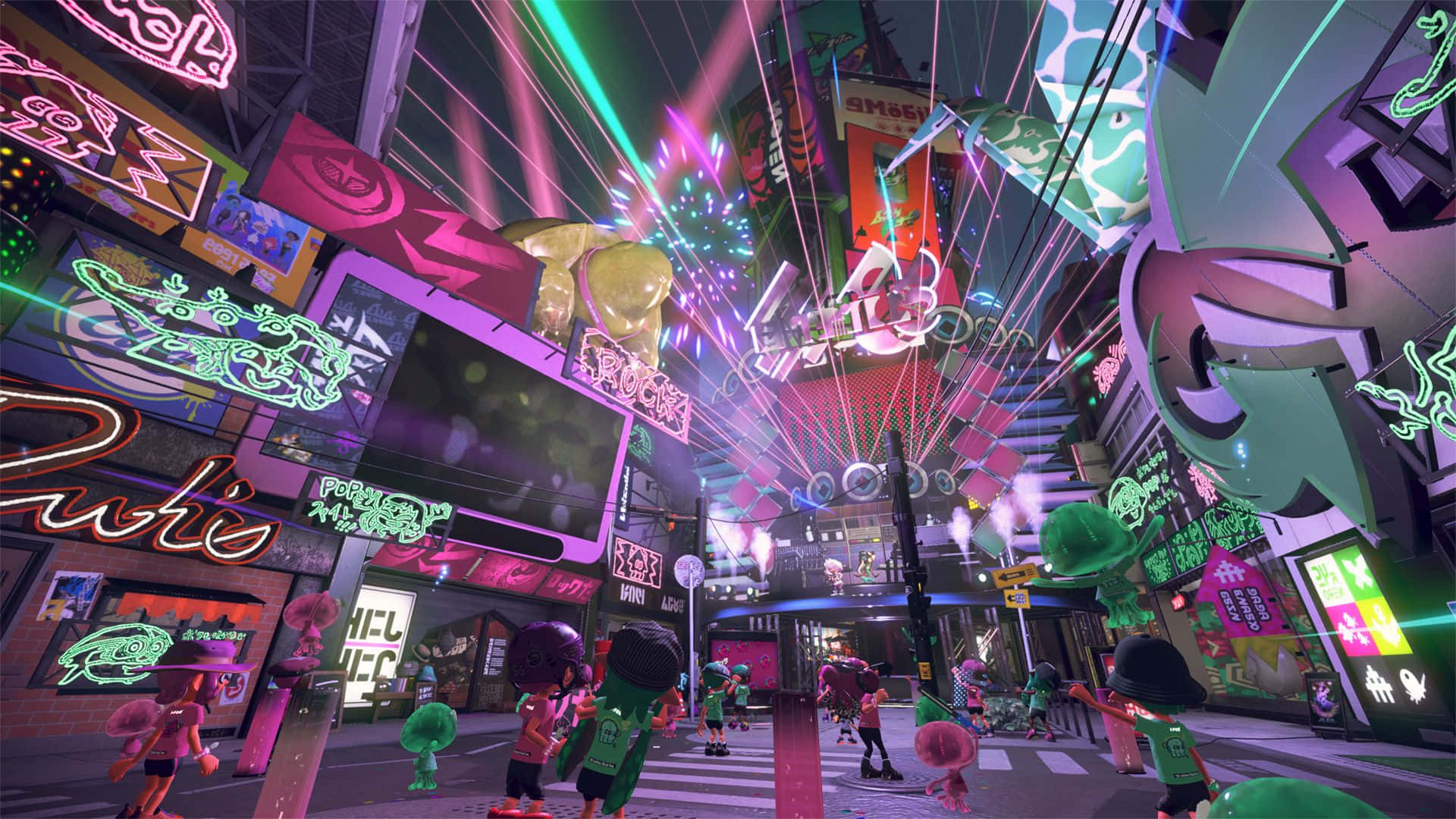splatoon 2 桌布 壁紙 — 充滿活力的霓虹燈街景，色彩繽紛的塗鴉和卡通人物在繁華的城市環境中。