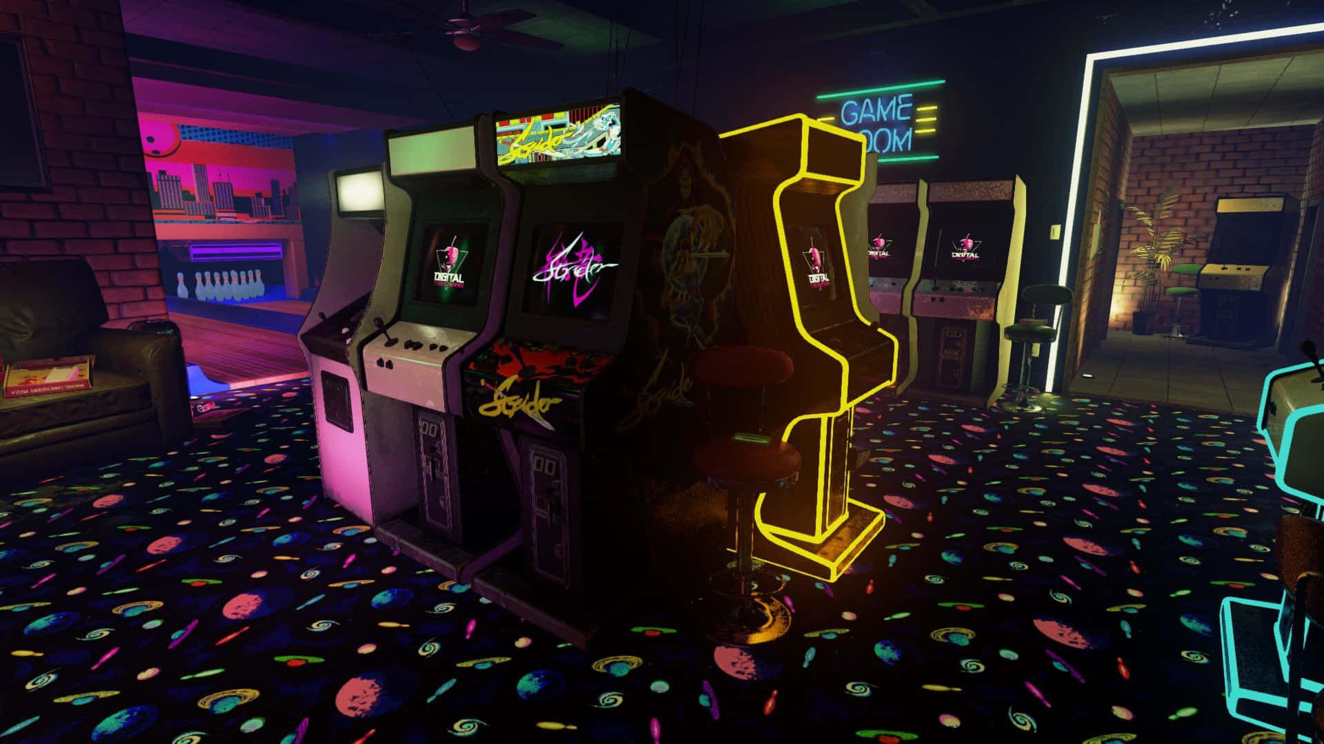 Arcade Aesthetic 桌布 壁紙 — 充滿活力的霓虹燈街機在帶有彩色圖案地毯和磚牆的復古遊戲室中閃耀。