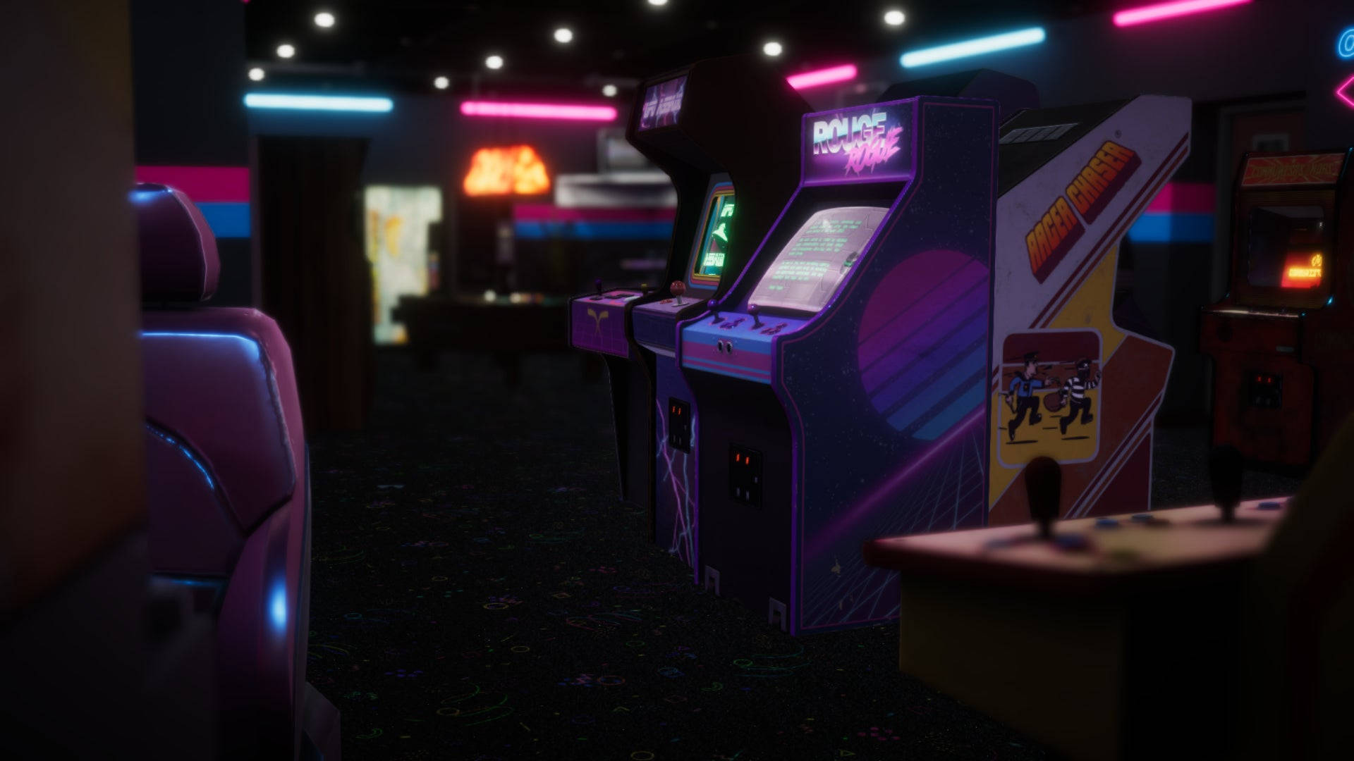 arcade 桌布 壁紙 — 充滿活力的霓虹燈街機在昏暗的復古遊戲廳中閃耀，伴隨著發光的標誌和柔軟的座椅。