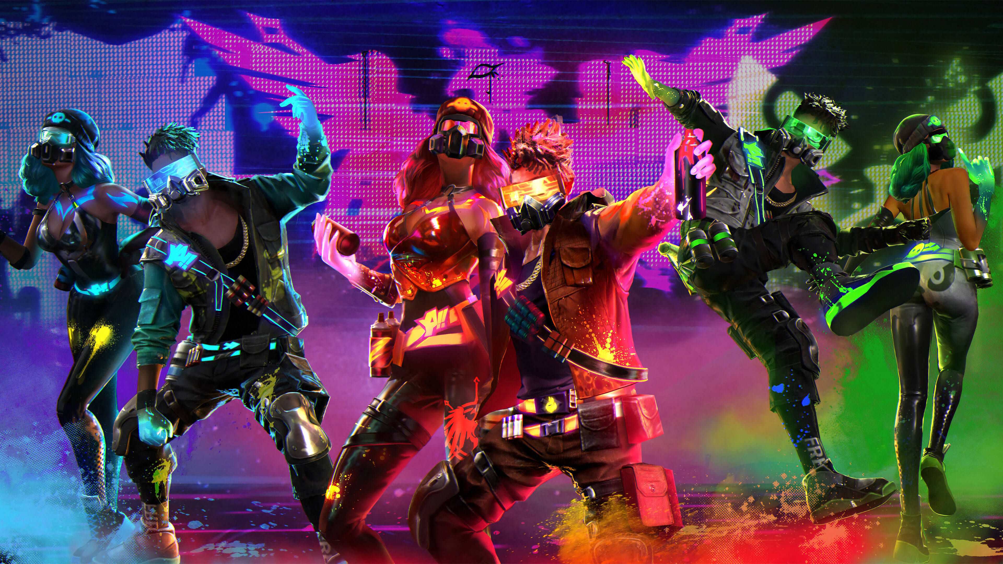 free fire bundle 桌布 壁紙 — 充滿活力的霓虹燈角色以動態姿勢在發光的數位背景前跳舞，伴隨著電光色彩爆發。