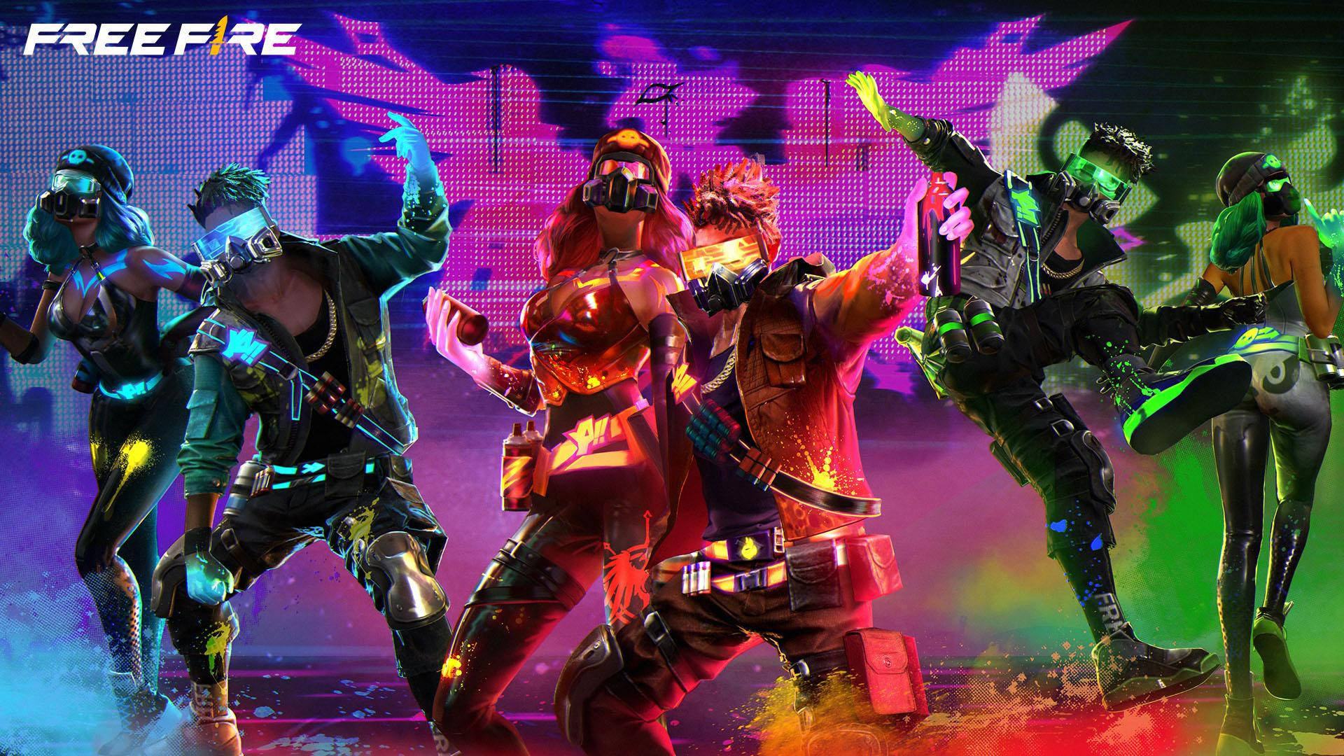Free Fire 嘻哈套裝 桌布 壁紙 — 充滿活力的霓虹燈角色穿著未來裝備，在發光的數位背景前動感起舞。