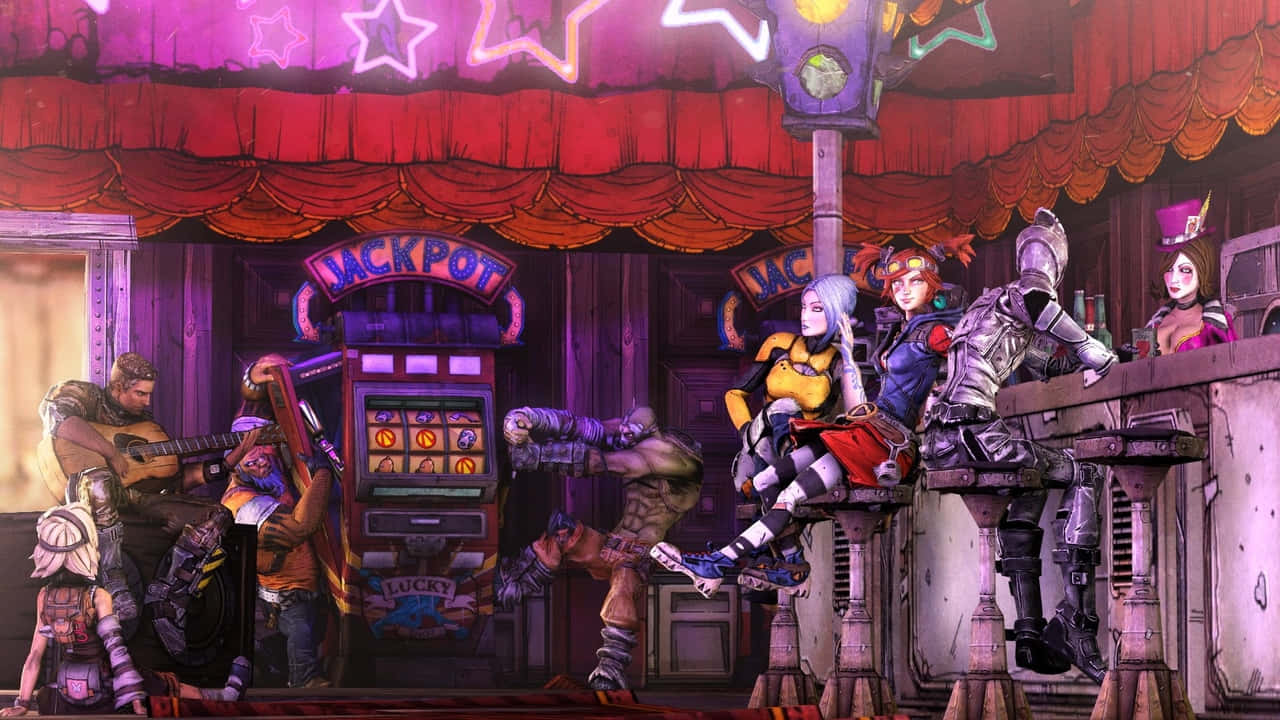 720p Borderlands 3 桌布 壁紙 — 充滿活力的霓虹燈賭場場景，有裝甲角色和吉他手在紅色窗簾下。