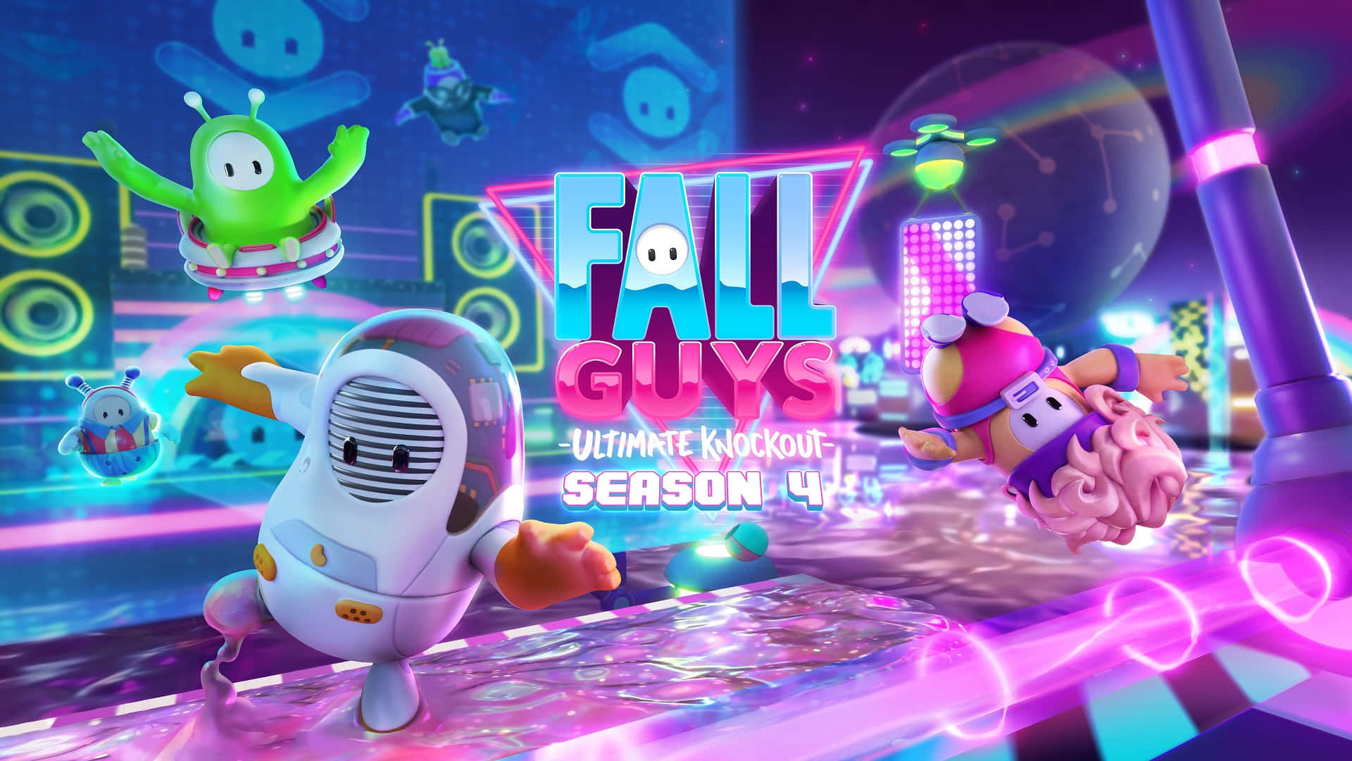 Fall Guys 桌布 壁紙 — 充滿活力的霓虹燈遊戲場景，卡通角色在發光平台上跳舞，背景是宇宙天空。