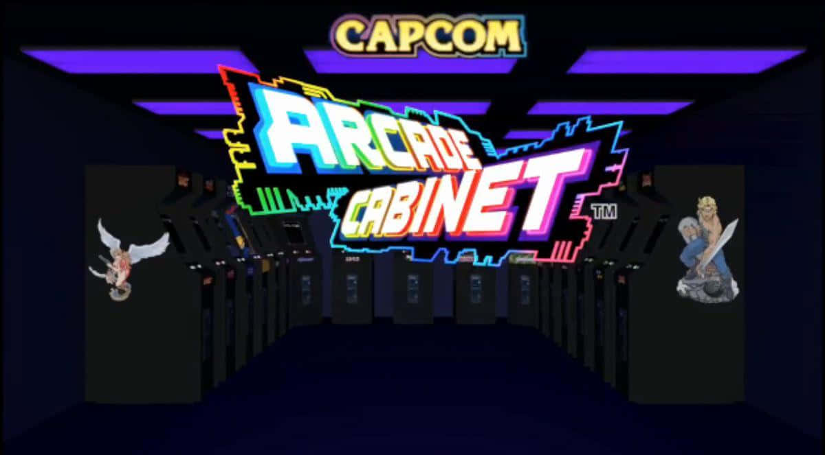 arcade 桌布 壁紙 — 充滿活力的霓虹燈遊戲機走廊，發光的 'CAPCOM' 和 'ARCADE CABINET' 標誌兩旁是角色海報。