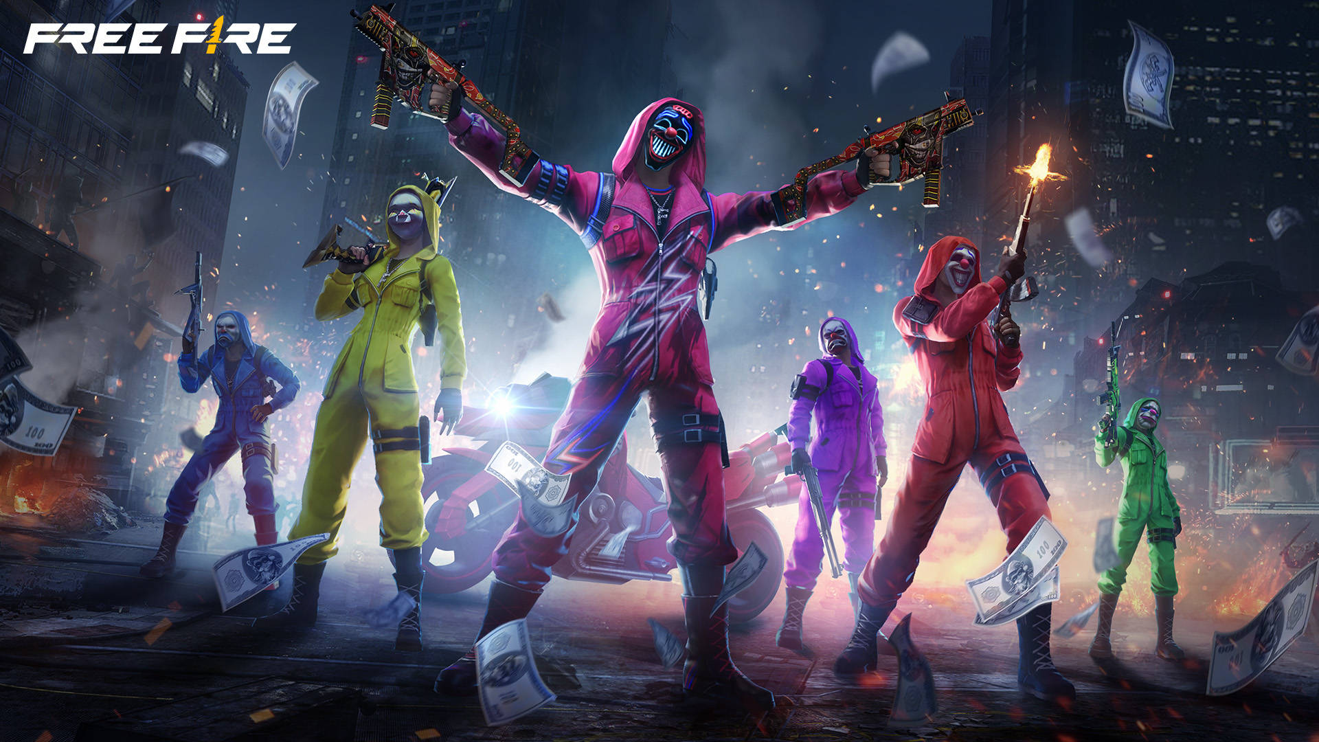 free fire criminal bundle 桌布 壁紙 — 充滿活力的霓虹燈遊戲玩家穿著連帽服裝，在混亂的城市戰場中，在落下的金錢和火熱的爆炸中慶祝。