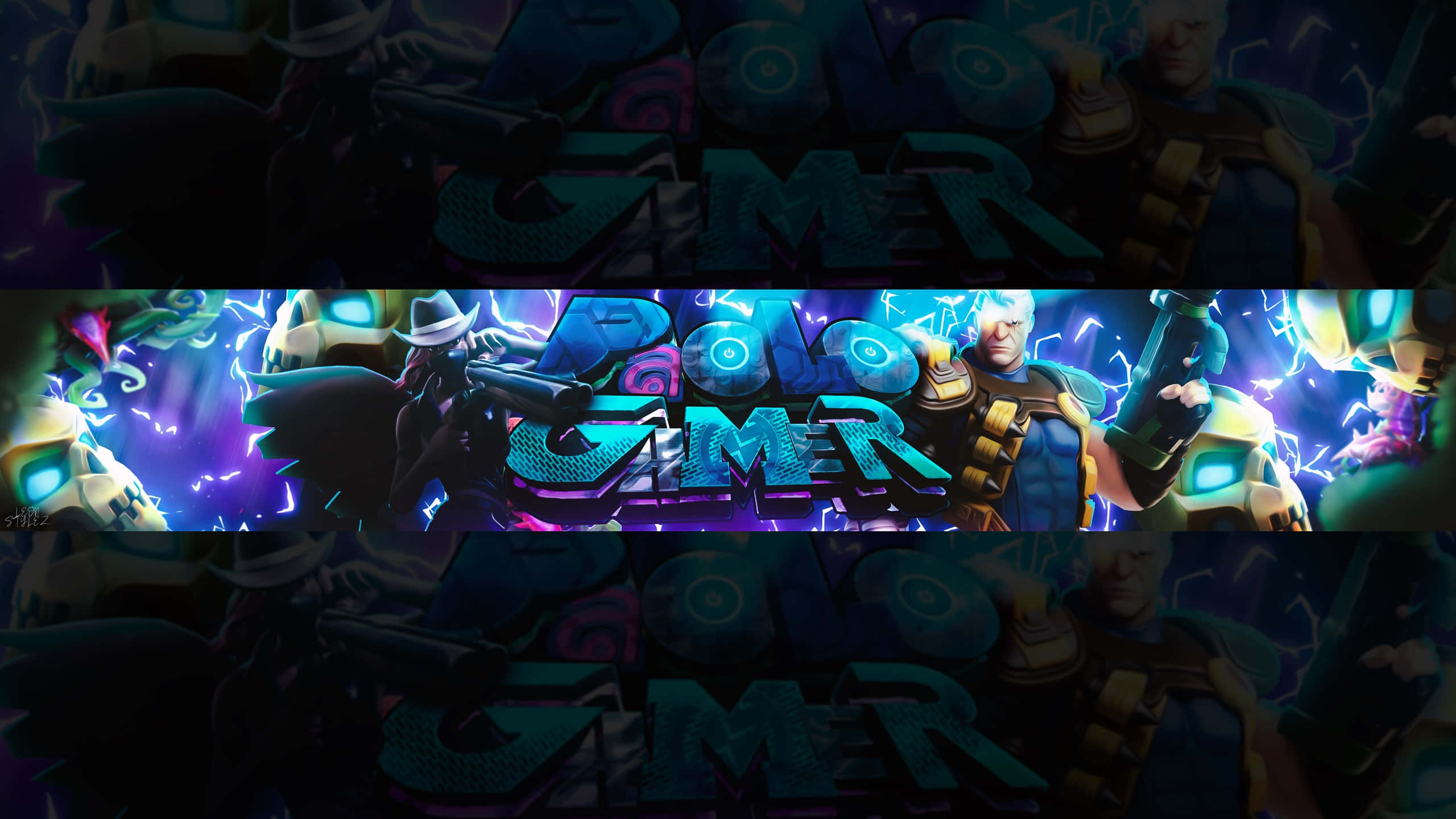 Gaming Banner 桌布 壁紙 — 充滿活力的霓虹燈遊戲角色，帶有發光效果和粗體風格文字，在黑暗的未來場景中。
