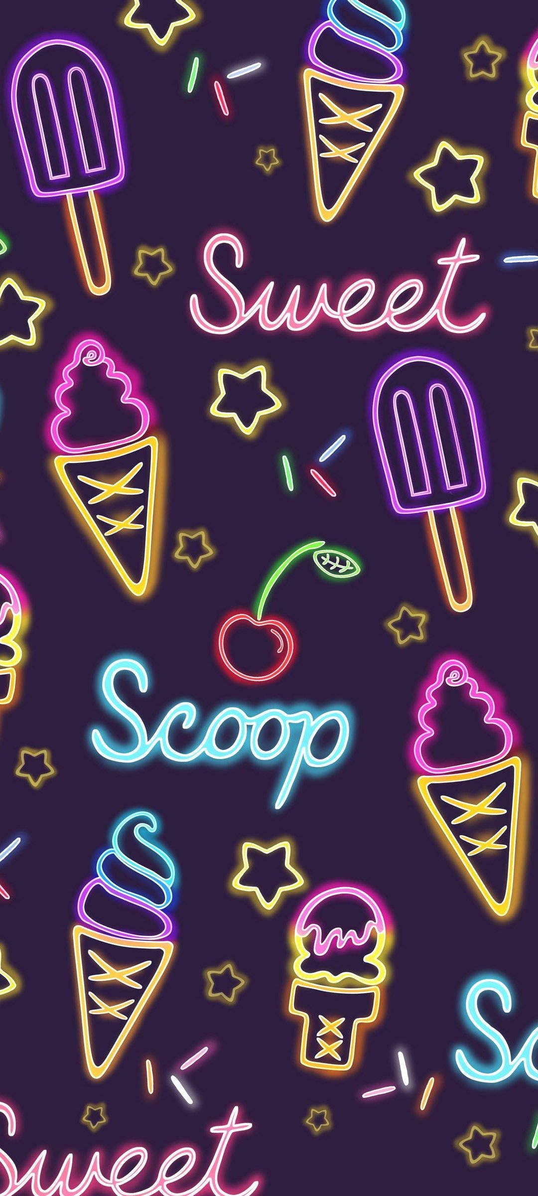 Neon Phone 桌布 壁紙 — 充滿活力的霓虹發光冰淇淋甜筒、冰棒和櫻桃漂浮在深紫色背景上，伴有閃爍的星星。