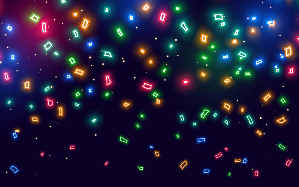 Beautiful Neon 桌布 壁紙 — 充滿活力的霓虹矩形像數位五彩紙屑一樣漂浮在星光燦爛的宇宙夜空上。