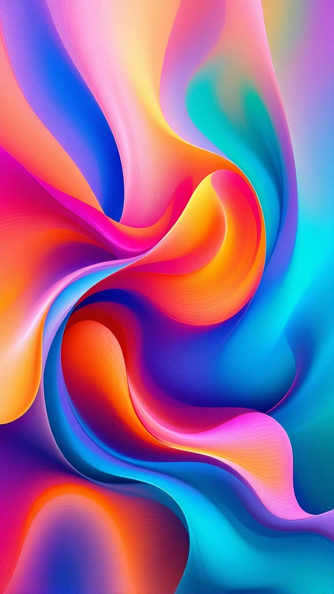 vibrant abstract flow with dynamic silk ribbons 壁紙 — 充滿活力的霓虹粉紅、橙色、藍色和青色漩渦絲帶在畫面中動態流動。