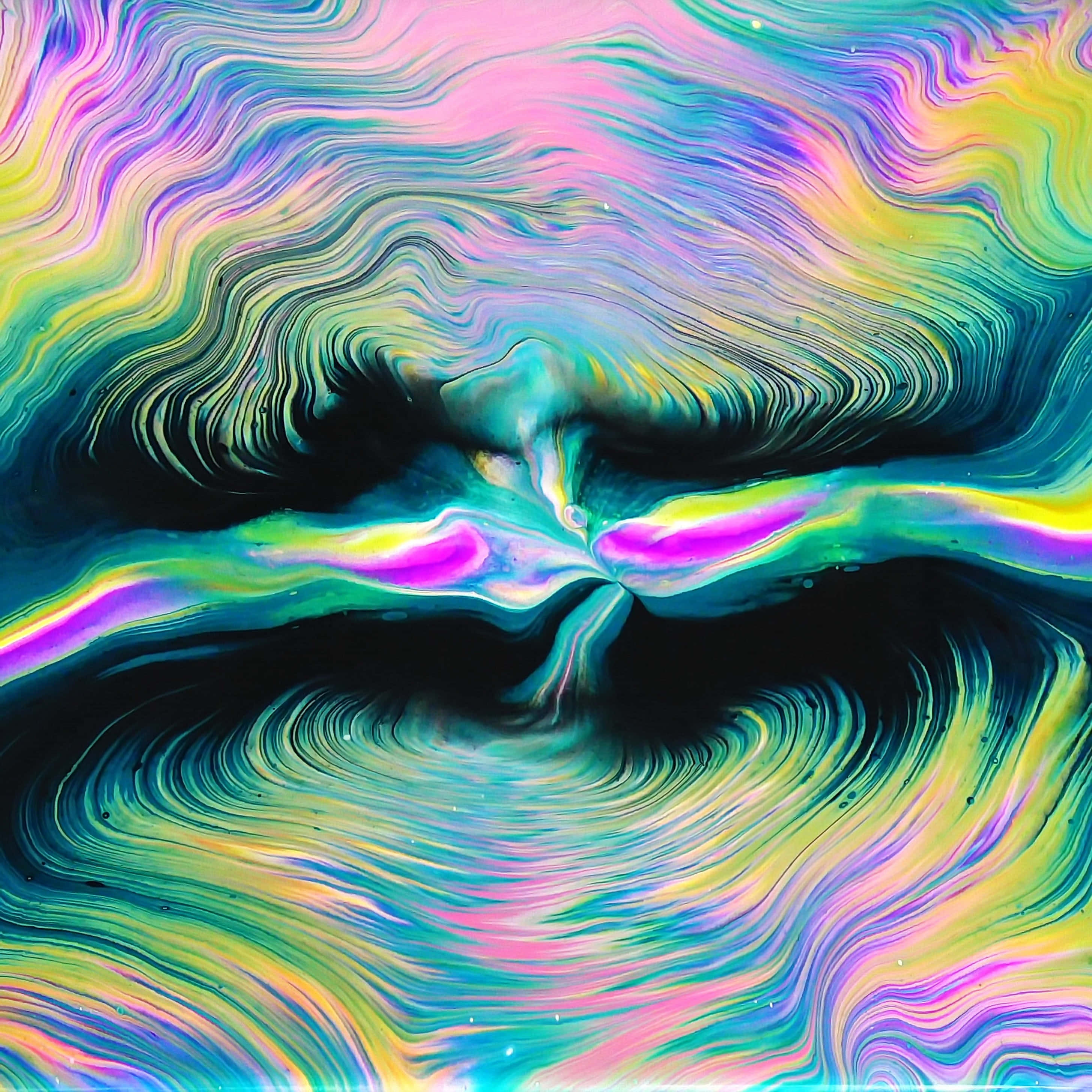 psychedelic art 桌布 壁紙 — 充滿活力的霓虹粉紅、黃色、藍綠色和黑色漩渦抽象圖案，營造出動態流體藝術構圖。