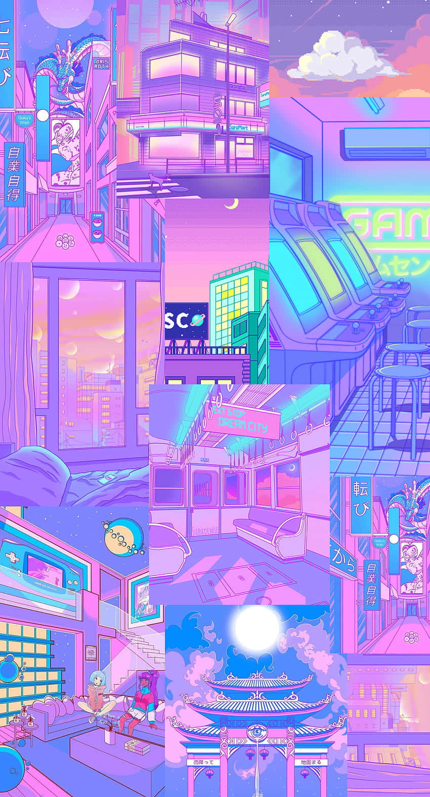 Pink Aesthetic Anime Phone 桌布 壁紙 — 充滿活力的霓虹粉紅和紫色賽博龐克城市景觀拼貼畫，在星空下呈現發光的建築、街機和傳統建築。