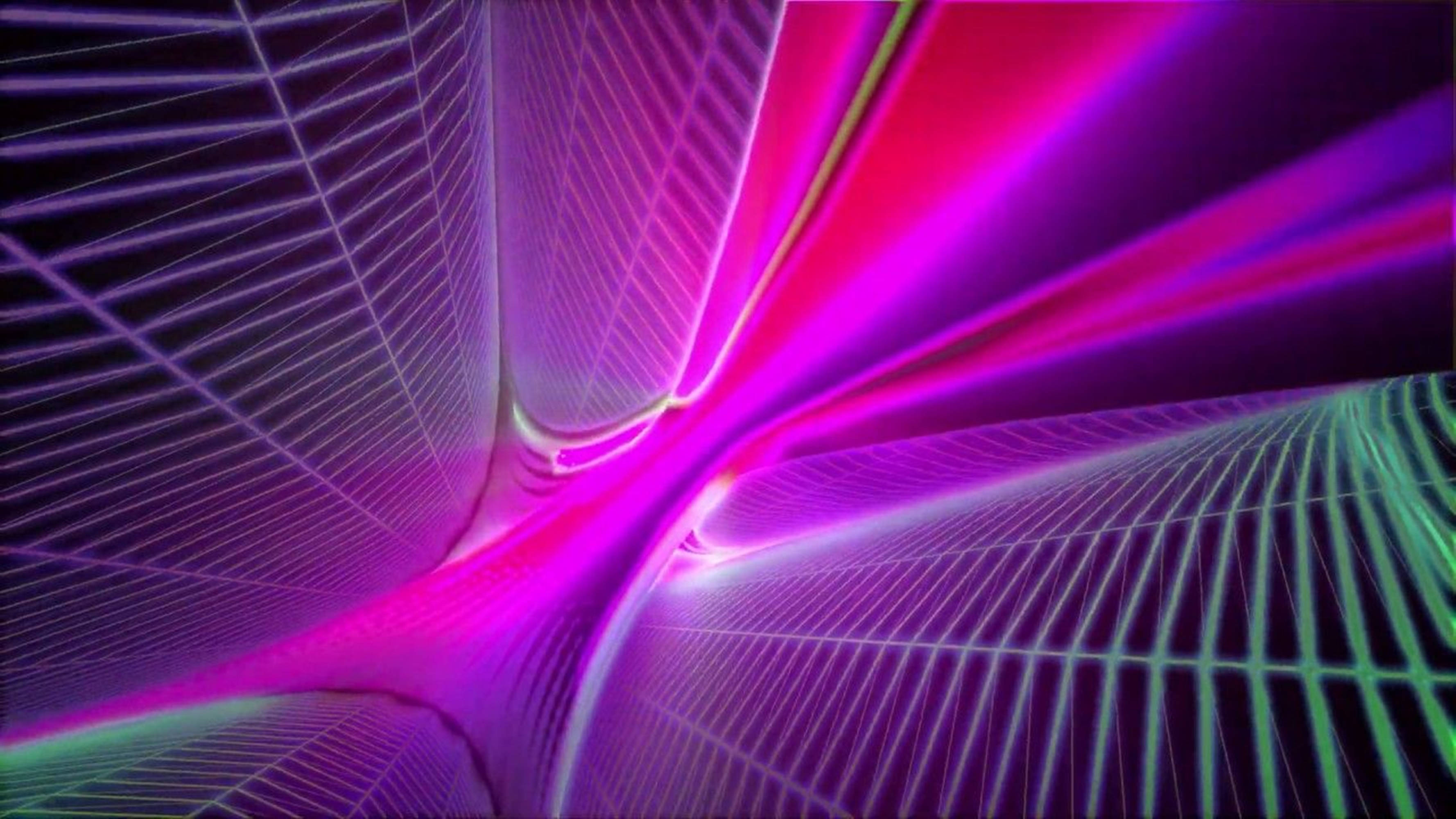 桌布 壁紙 — 充滿活力的霓虹粉紅和綠色光束穿過帶有發光曲線的未來風格網格隧道。