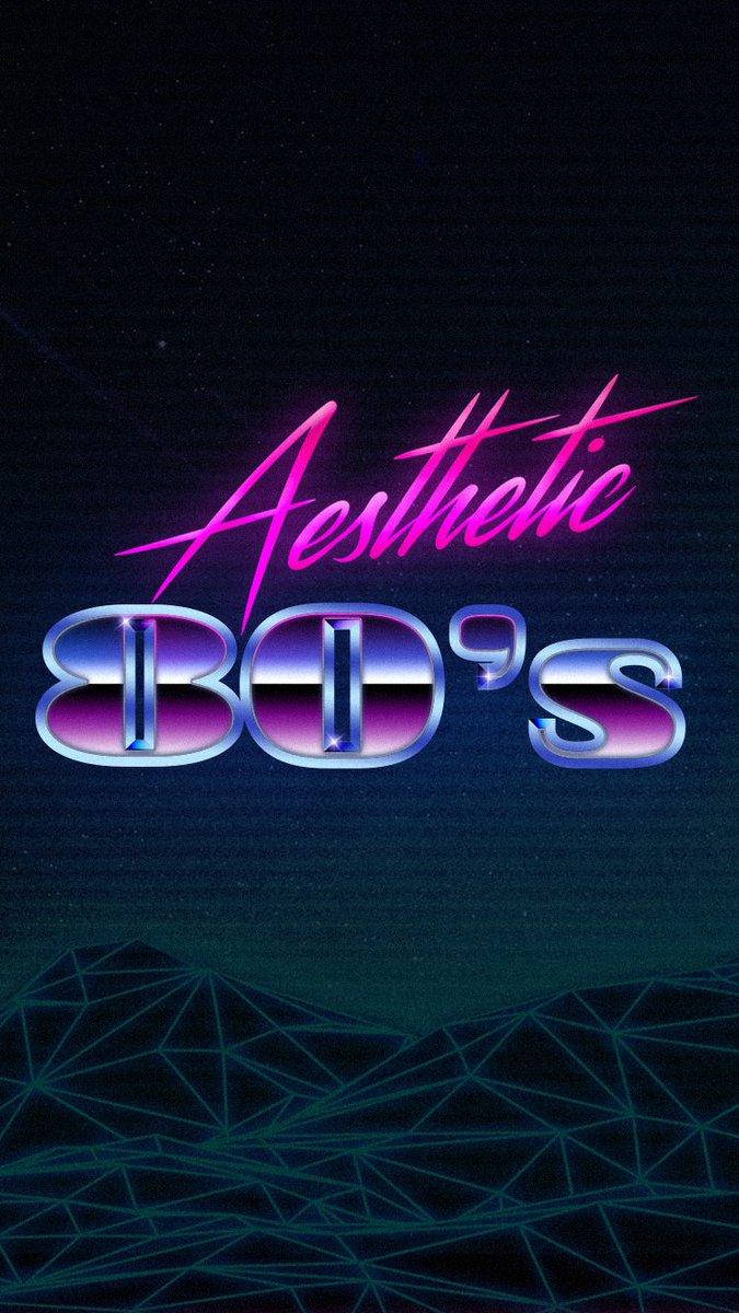 retro aesthetic iPhone 桌布 壁紙 — 充滿活力的霓虹粉紅和藍色80年代文字在黑暗的星空背景下發光，下方是幾何線框山丘。