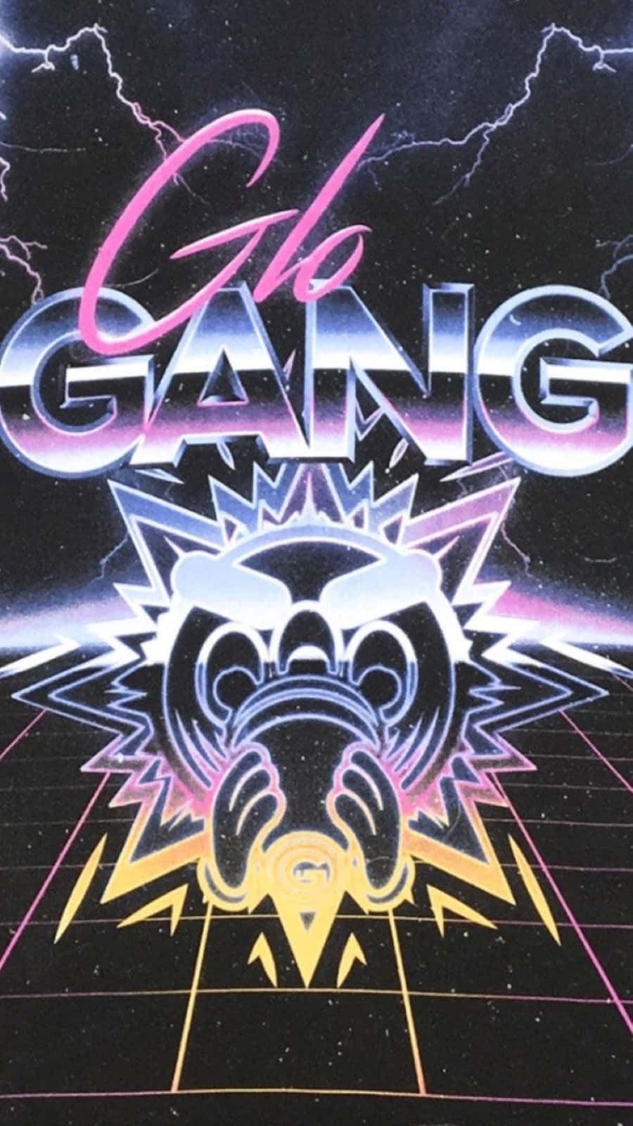 Gang 桌布 壁紙 — 充滿活力的霓虹粉紅和藍色復古未來風格標誌，帶有風格化的骷髏和閃電，背景為星形網格。