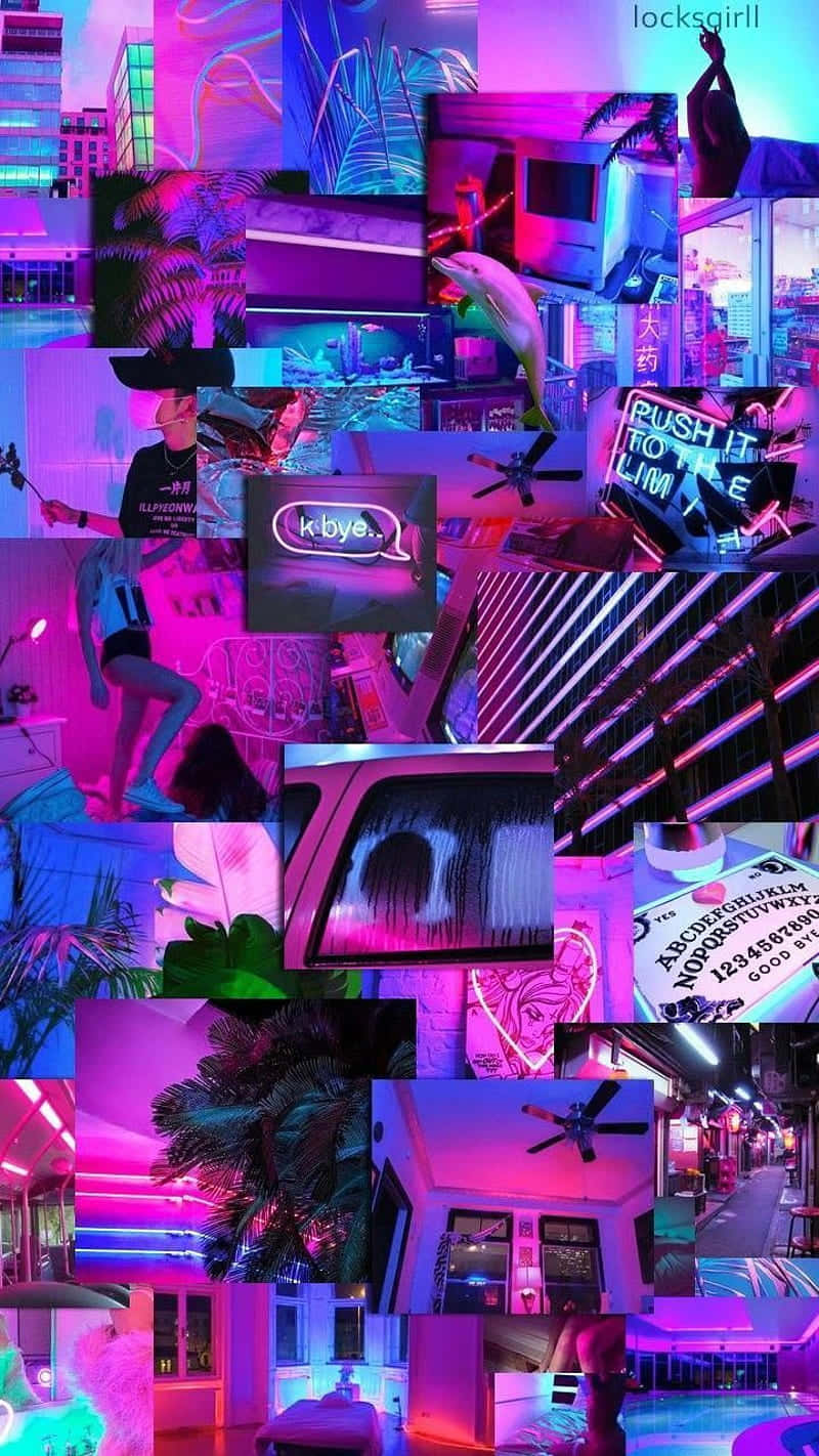 Neon Aesthetic Phone 桌布 壁紙 — 充滿活力的霓虹粉紅和藍色拼貼畫，描繪城市夜生活場景，包括棕櫚樹、發光標誌和超現實元素。