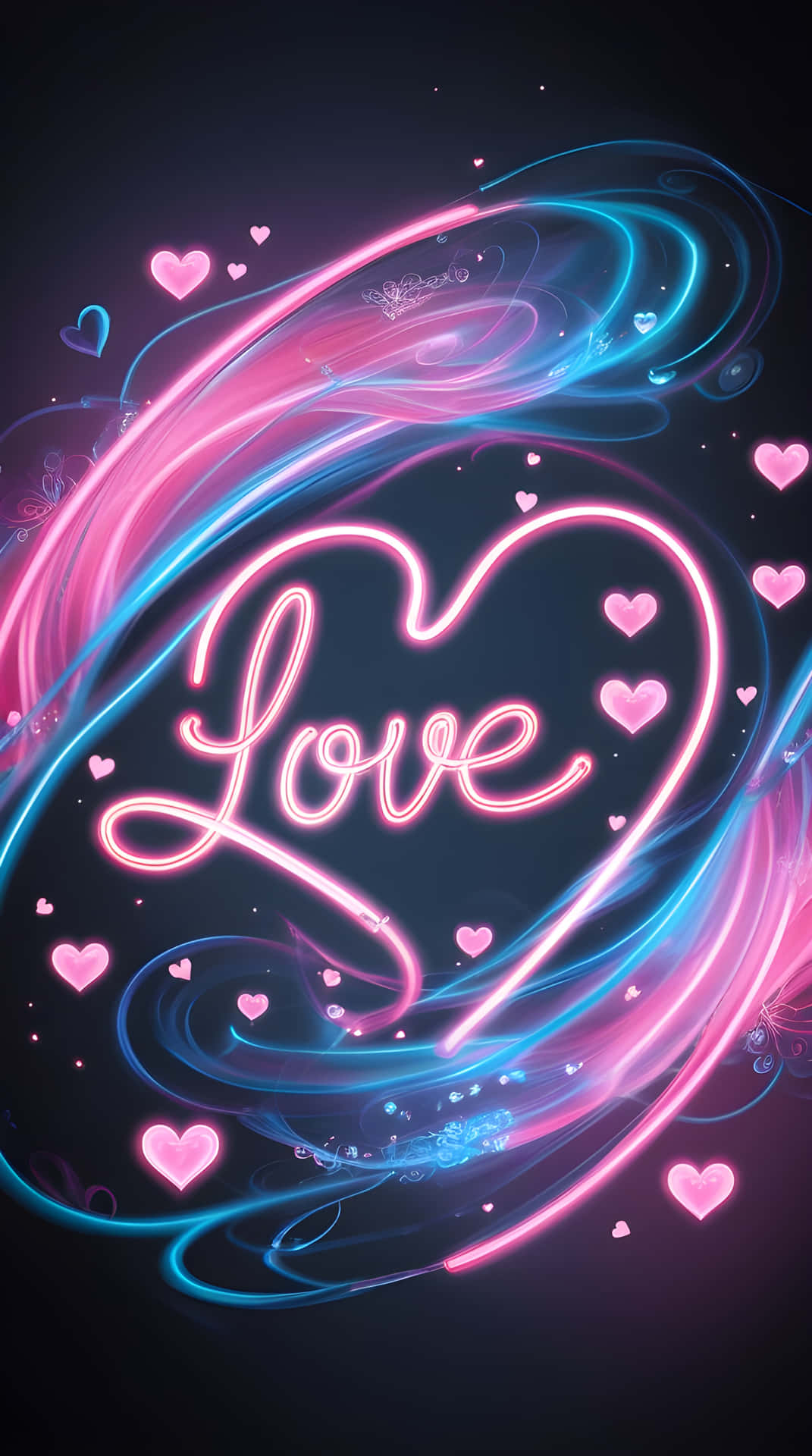 Beautiful love wallpaper 壁紙 — 充滿活力的霓虹粉紅和藍色旋轉燈光形成一個發光的心形，包圍著love這個詞，周圍環繞著漂浮的心形。