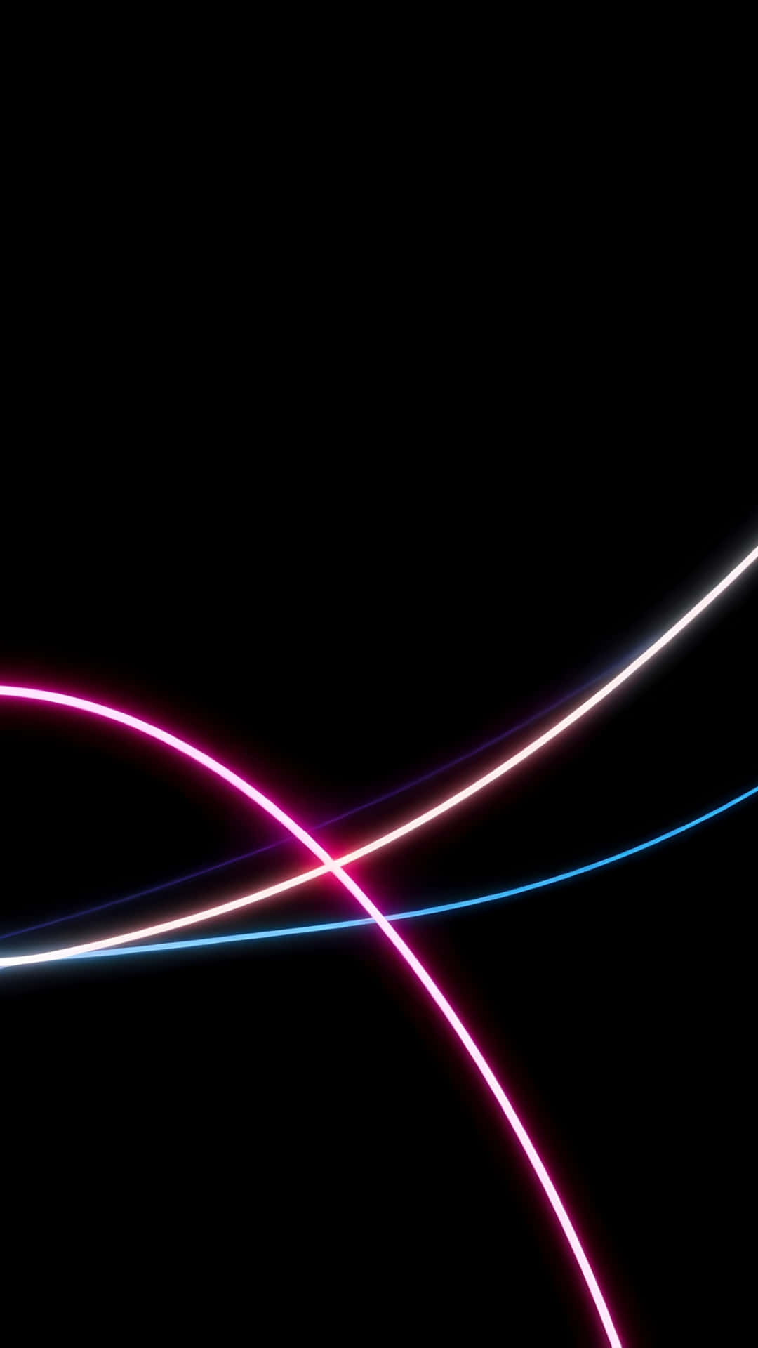 Abstract Glowing Neon Waves on Black Background 壁紙 — 充滿活力的霓虹粉紅和藍色發光線條在純黑色背景上彎曲並交叉。