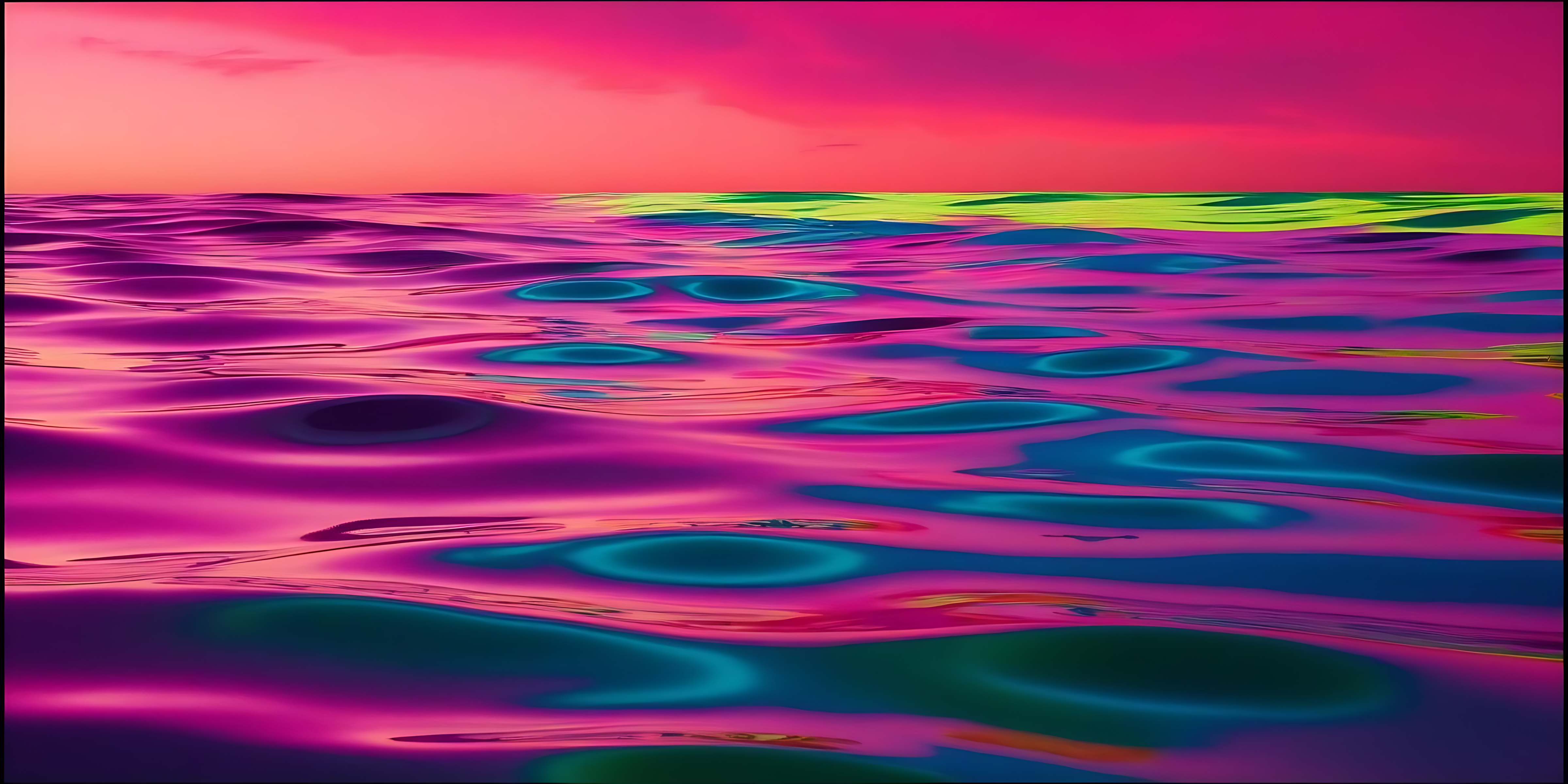 Abstract Water 桌布 壁紙 — 充滿活力的霓虹粉紅和青色波浪在發光的日落天空下蕩漾，形成超現實的數位海景。