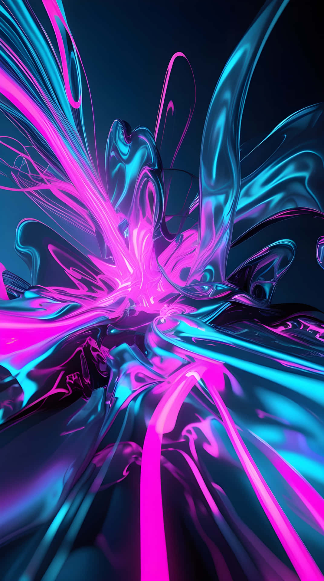 Very beautiful colourful abstract wallpaper 壁紙 — 充滿活力的霓虹粉紅和青色液體流在深黑色背景上動態爆炸。