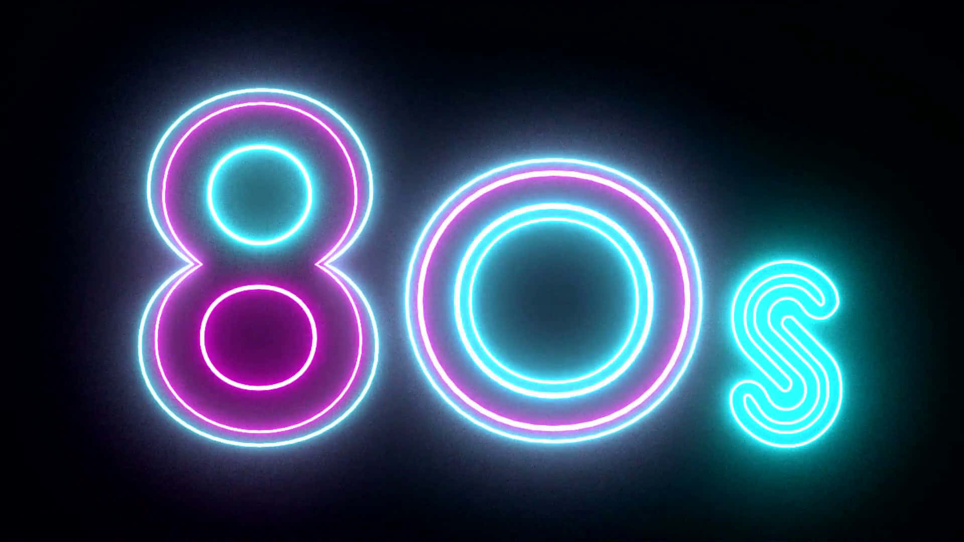 1980s 桌布 壁紙 — 充滿活力的霓虹粉紅和青色發光80年代文字，背景為深色，帶有柔和的光暈。