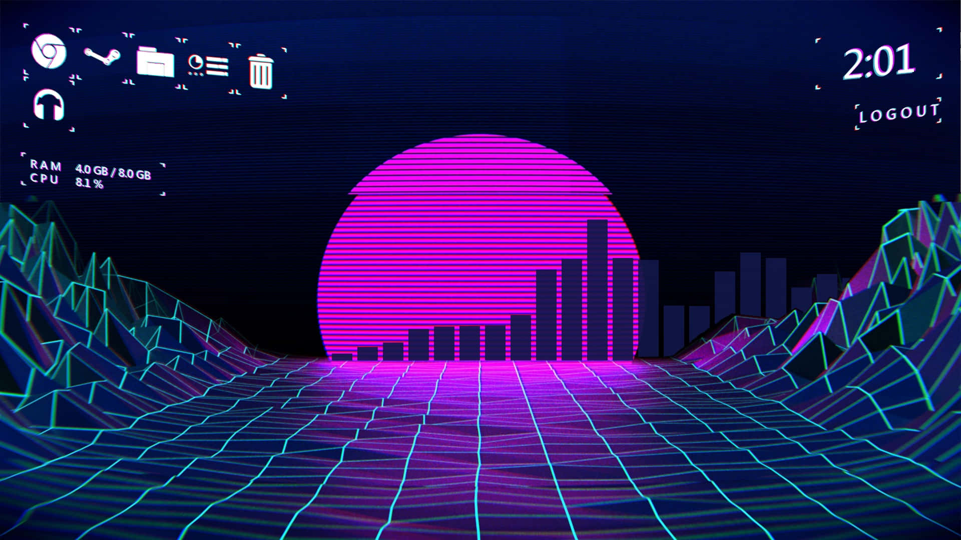 Vaporwave 桌布 壁紙 — 充滿活力的霓虹粉紅太陽在像素化的數位山脈和網格道路上冉冉升起，呈現復古未來主義的賽博龐克景觀。