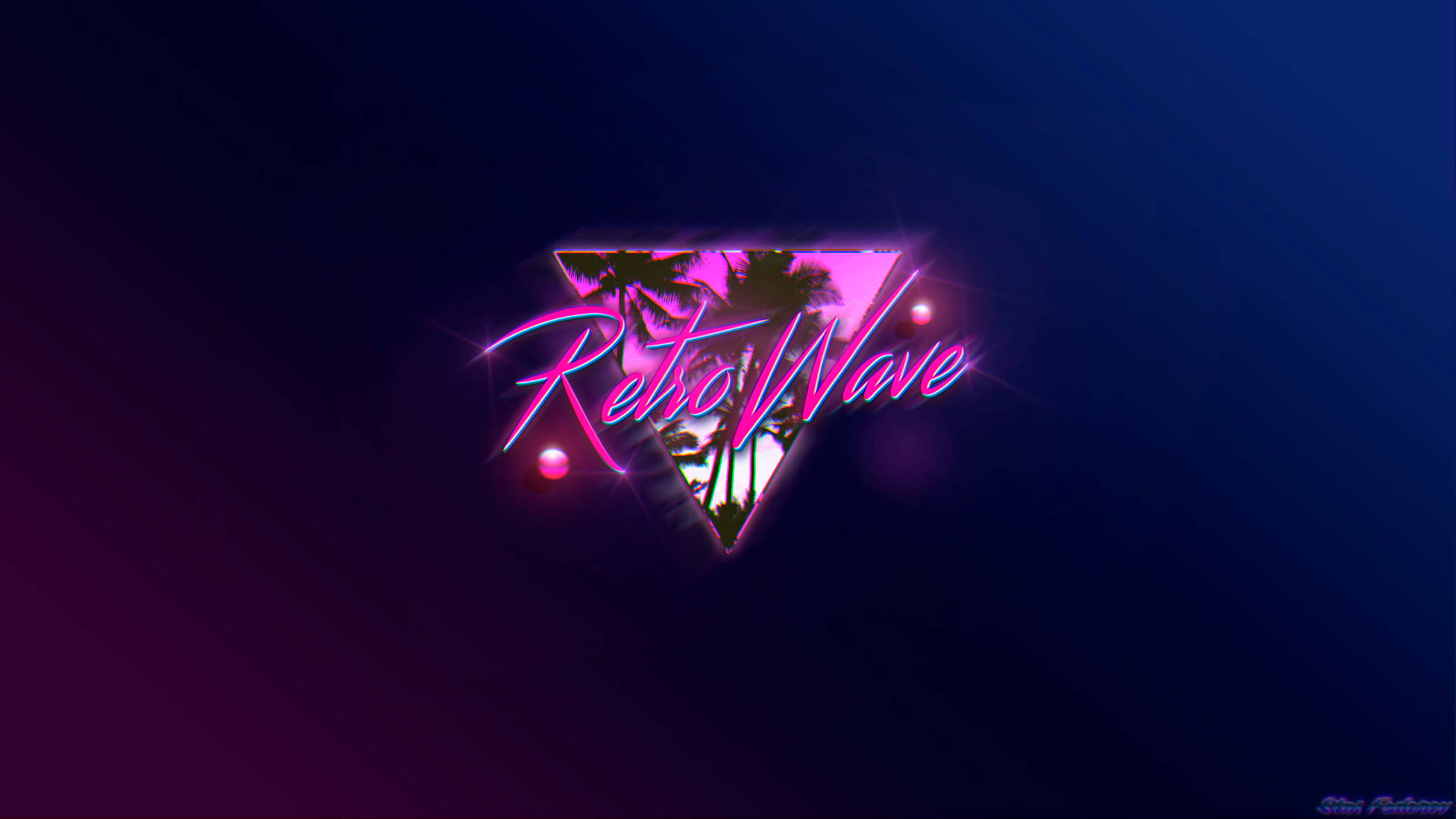 Tumblr 文青風 桌布 壁紙 — 充滿活力的霓虹粉紅色文字「Retro Wave」在一個三角形內發光，三角形框住棕櫚樹，背景為深色漸變。
