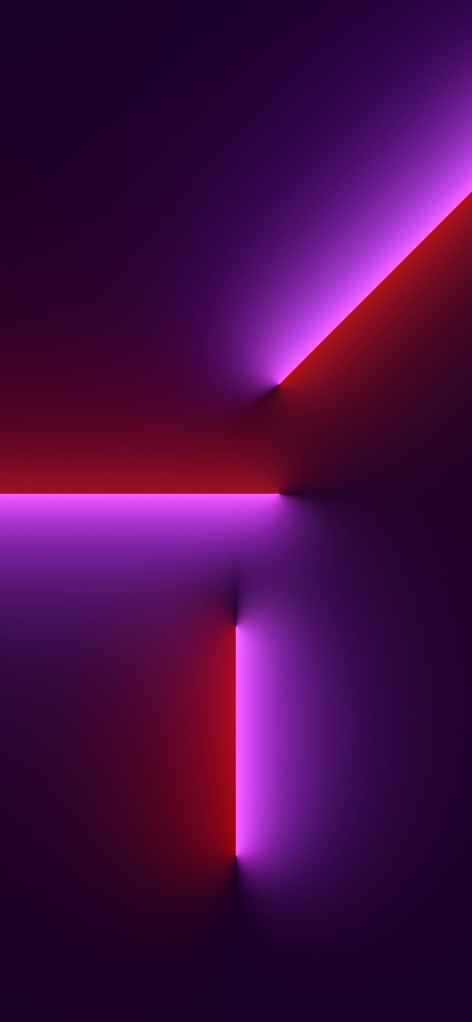 iPhone 13 桌布 壁紙 — 充滿活力的霓虹紅和紫色光束在黑暗的抽象幾何空間中以銳角相交。