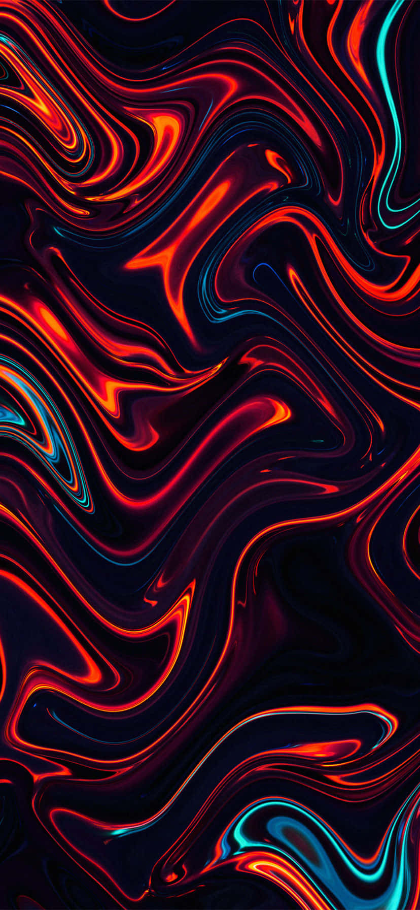 iPhone 11 桌布 壁紙 — 充滿活力的霓虹紅和青色液體漩渦在深黑色背景上動態流動。