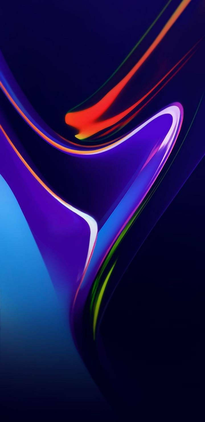 手機 桌布 壁紙 — 充滿活力的霓虹紅橙藍色條紋在深黑色背景上動態流動，營造出未來主義的抽象光芒。