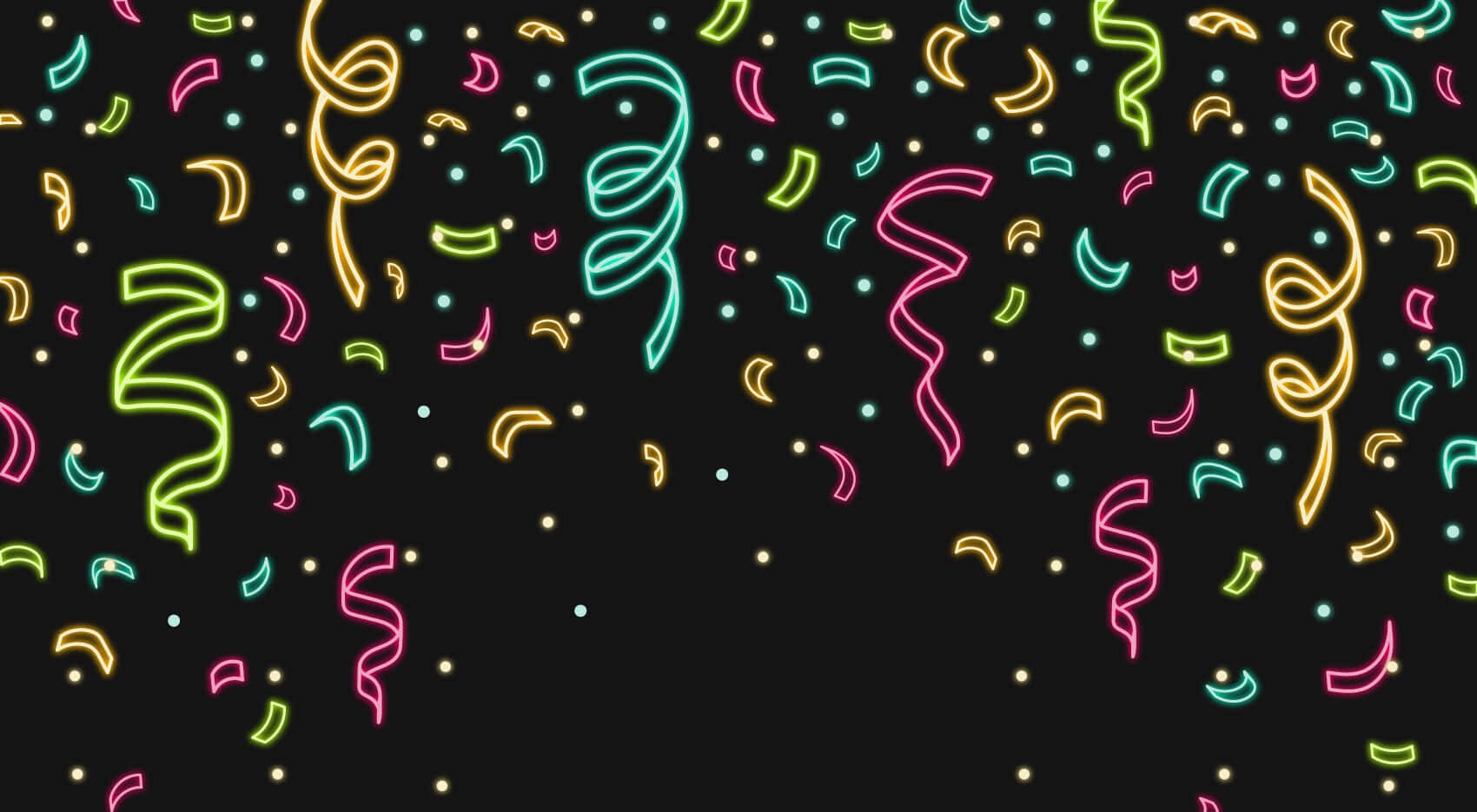 Confetti 桌布 壁紙 — 充滿活力的霓虹紙屑和彩帶在黑暗背景上如瀑布般落下，營造出節日數位慶祝氛圍。
