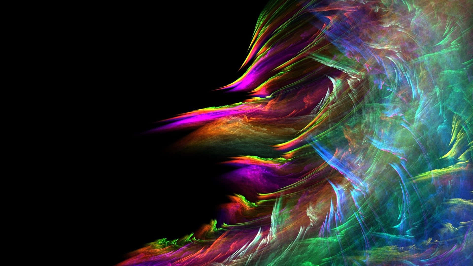 Beautiful Abstract 桌布 壁紙 — 充滿活力的霓虹紫、綠和藍色碎形卷鬚在漆黑的虛空中動態旋轉。