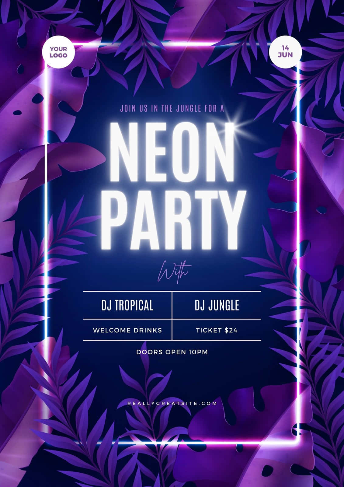 Party 桌布 壁紙 — 充滿活力的霓虹紫色叢林葉片框住一張發光的派對海報，宣傳一場有DJ和歡迎飲品的熱帶夜間活動。