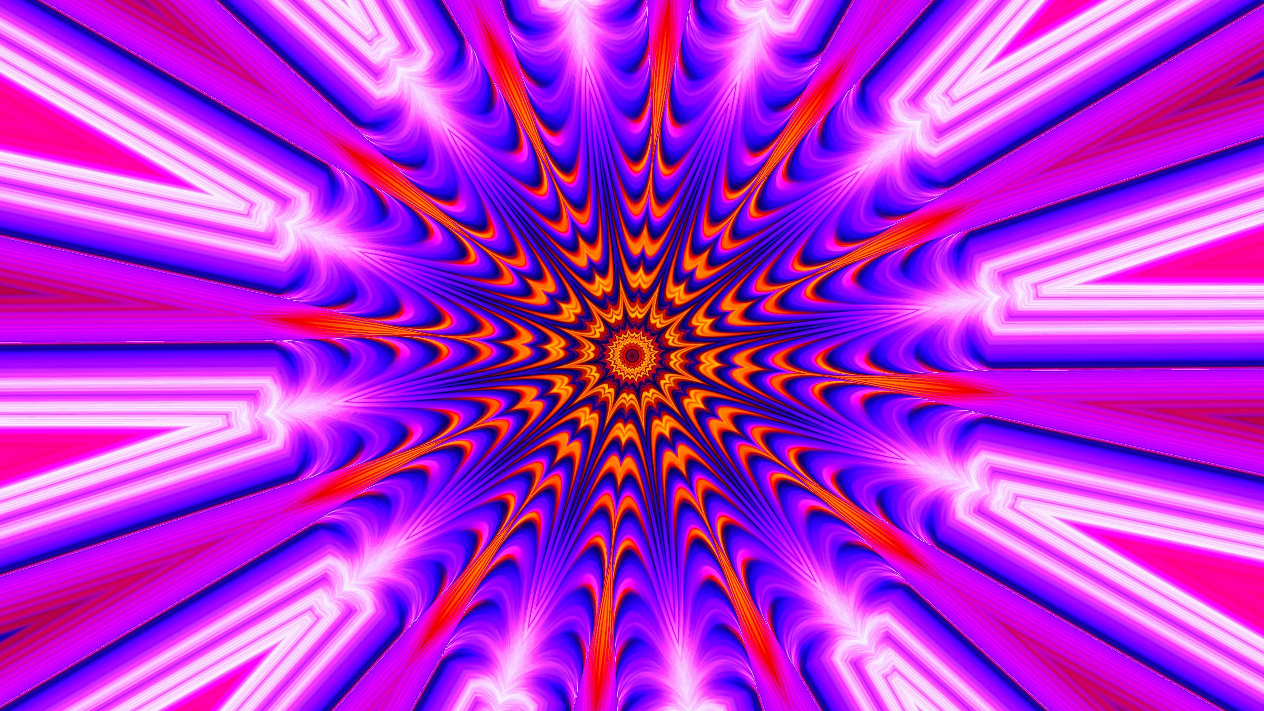 Illusion 桌布 壁紙 — 充滿活力的霓虹紫色和橙色分形射線從中心點迸發而出，形成迷人的數位萬花筒。