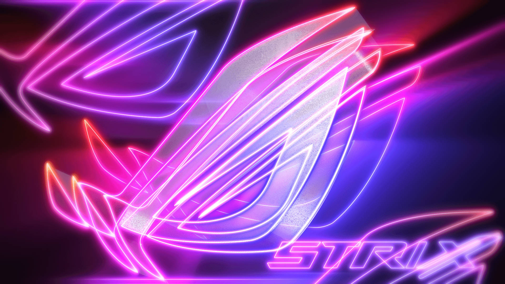 華碩 ROG 桌布 壁紙 — 充滿活力的霓虹紫色和粉紅色發光 ROG Strix 標誌，帶有銳利的角線，背景為深色漸變。